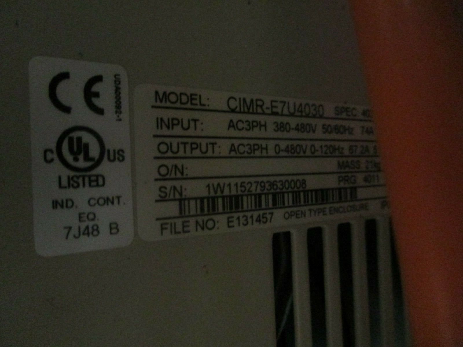 Yaskawa E7 AC Drive w/ Bypass E7BVB052Y3 50HP 3Ph Used
