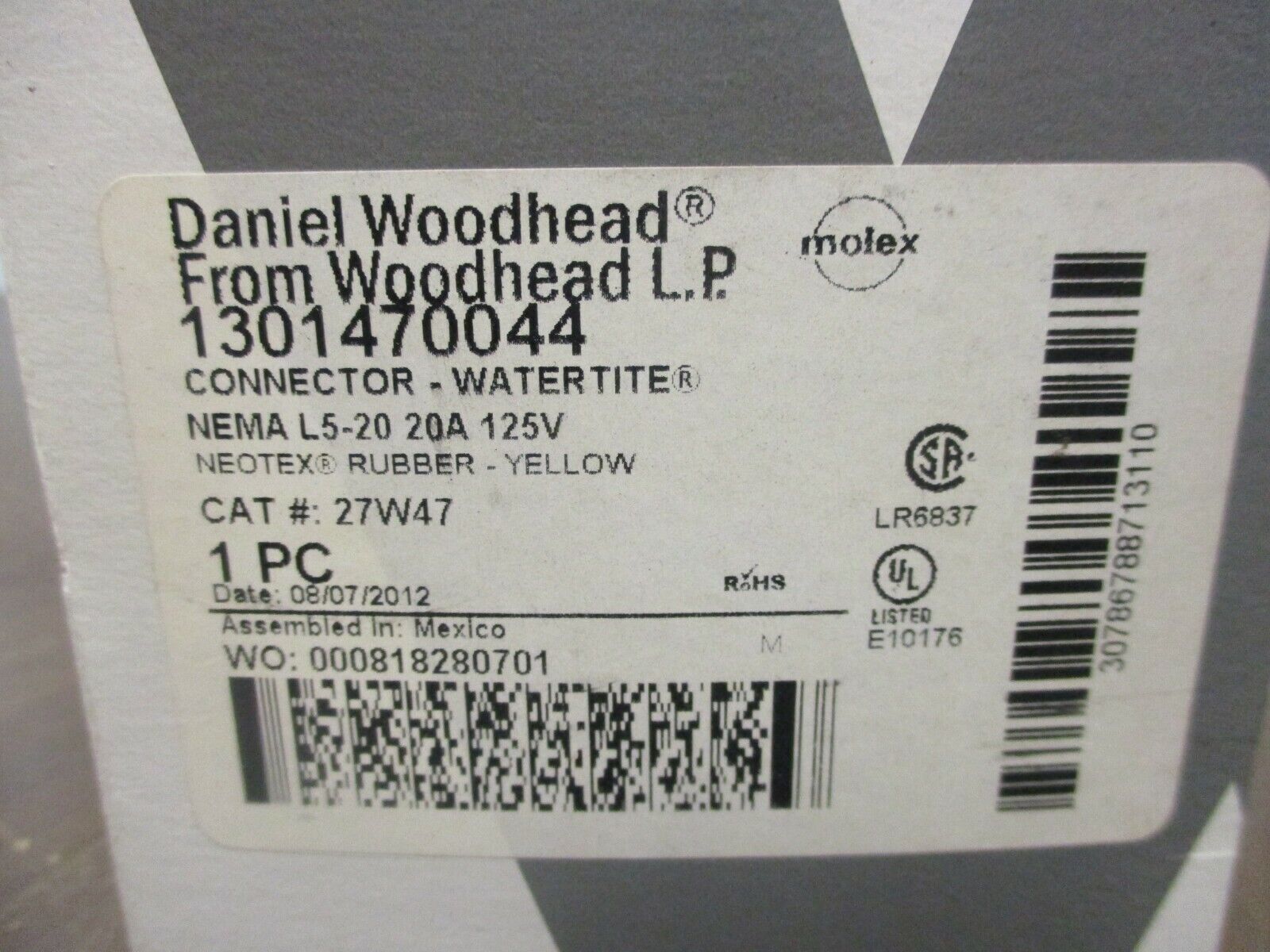Daniel Woodhead Watertite Connector 27W47 20A 125V Nema L5-20 New Surplus