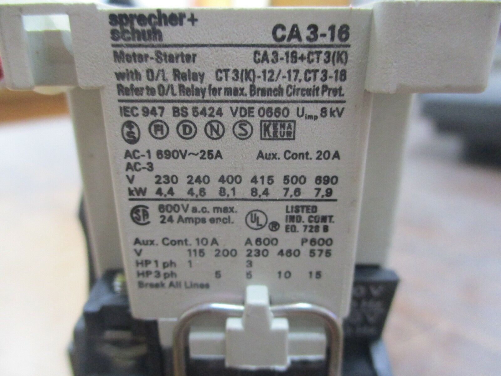 Sprecher+Schuh Contactor CA3-16 120V Coil 24A 600V w/ Aux Contact Block Used