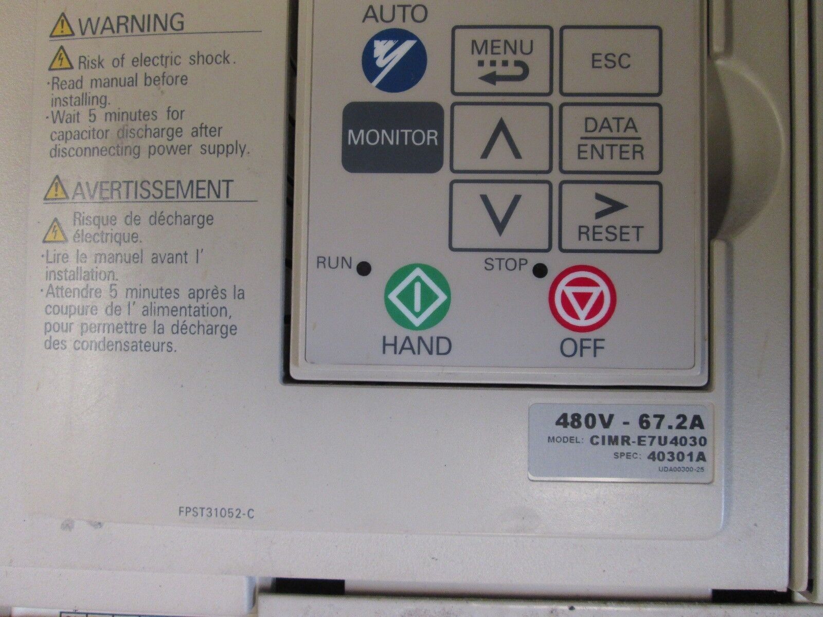 Yaskawa E7 AC Drive CIMR-E7U4030 50HP 3Ph In: 380-480V Out: 0-480V 67.2A Used
