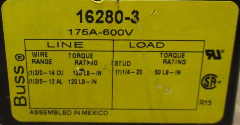 Buss Power Distribution Block 16280-3 175A 600V 3P Line (1): 2/0-14 Used