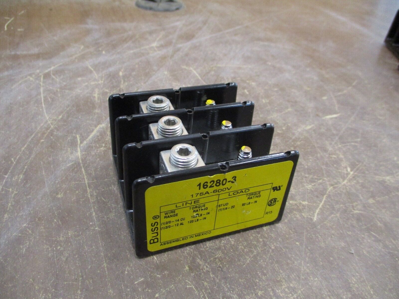 Buss Power Distribution Block 16280-3 175A 600V 3P Line (1): 2/0-14 Used