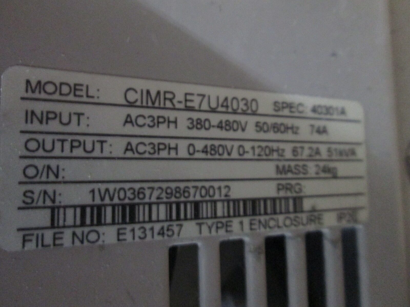 Yaskawa E7 AC Drive CIMR-E7U4030 50HP 3Ph In: 380-480V Out: 0-480V 67.2A Used