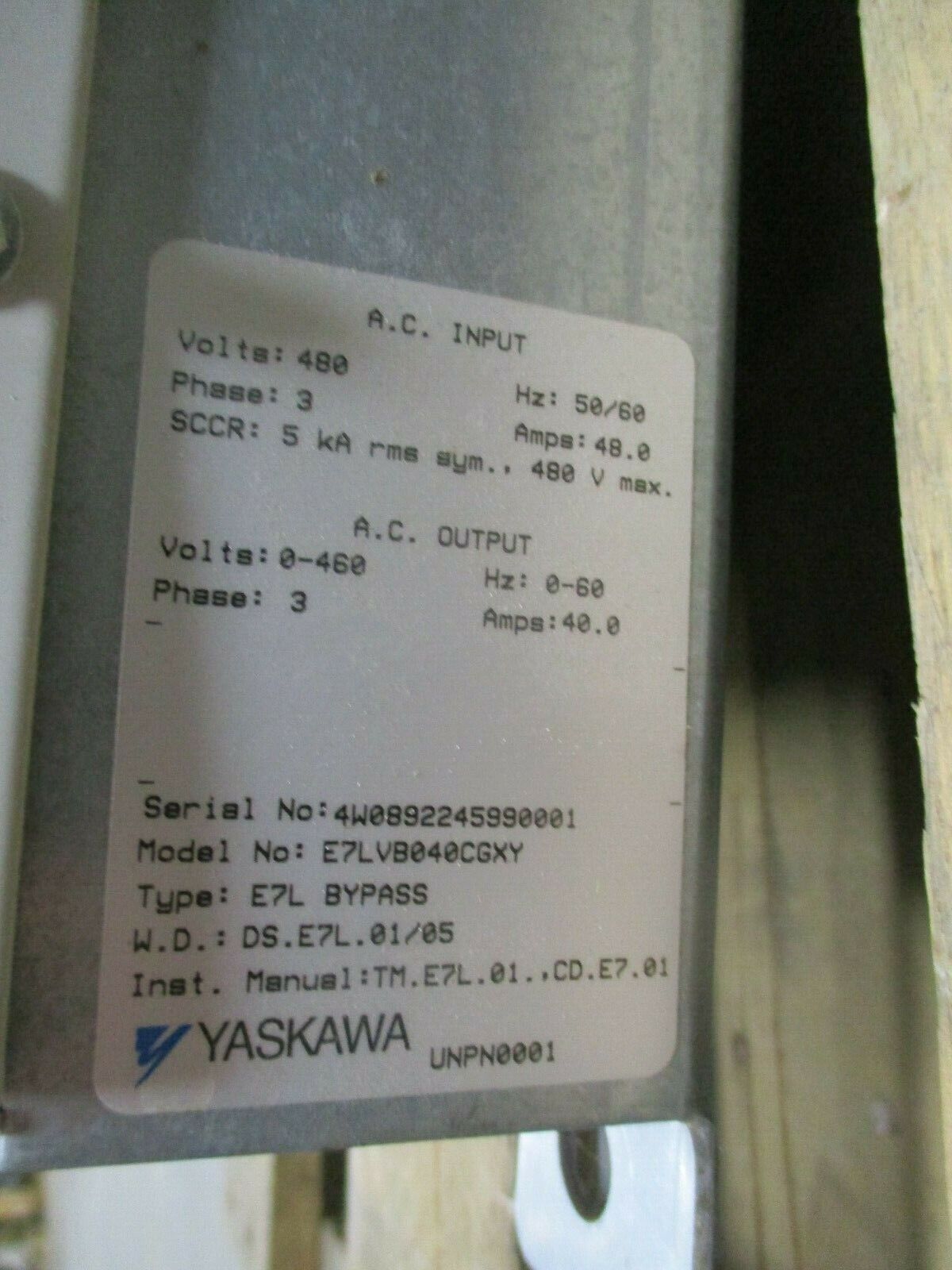 Yaskawa E7 AC Drive w/ Bypass E7LVB040CGXY 30HP 3Ph Used