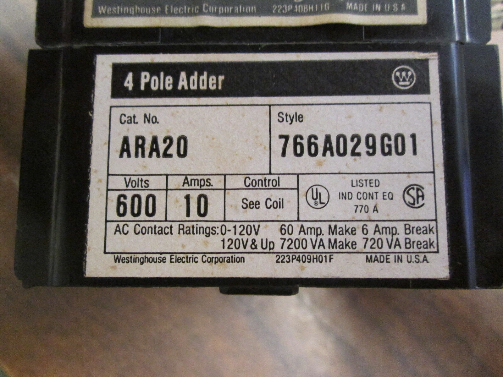 Westinghouse Control Relay w/ 4 Pole Adder AR4A 766A023G01 120V Coil 10A 600V