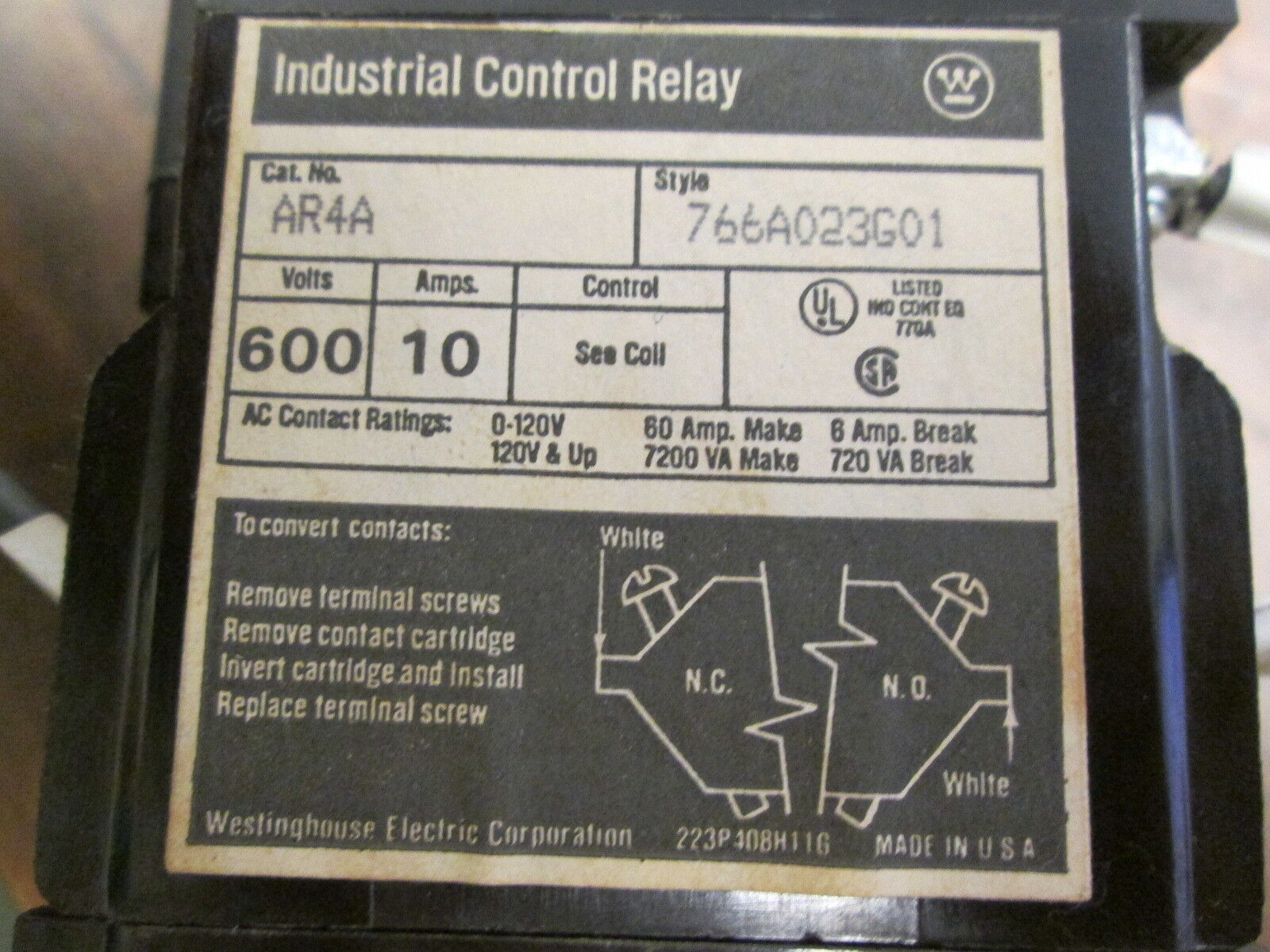 Westinghouse Control Relay w/ 4 Pole Adder AR4A 766A023G01 120V Coil 10A 600V