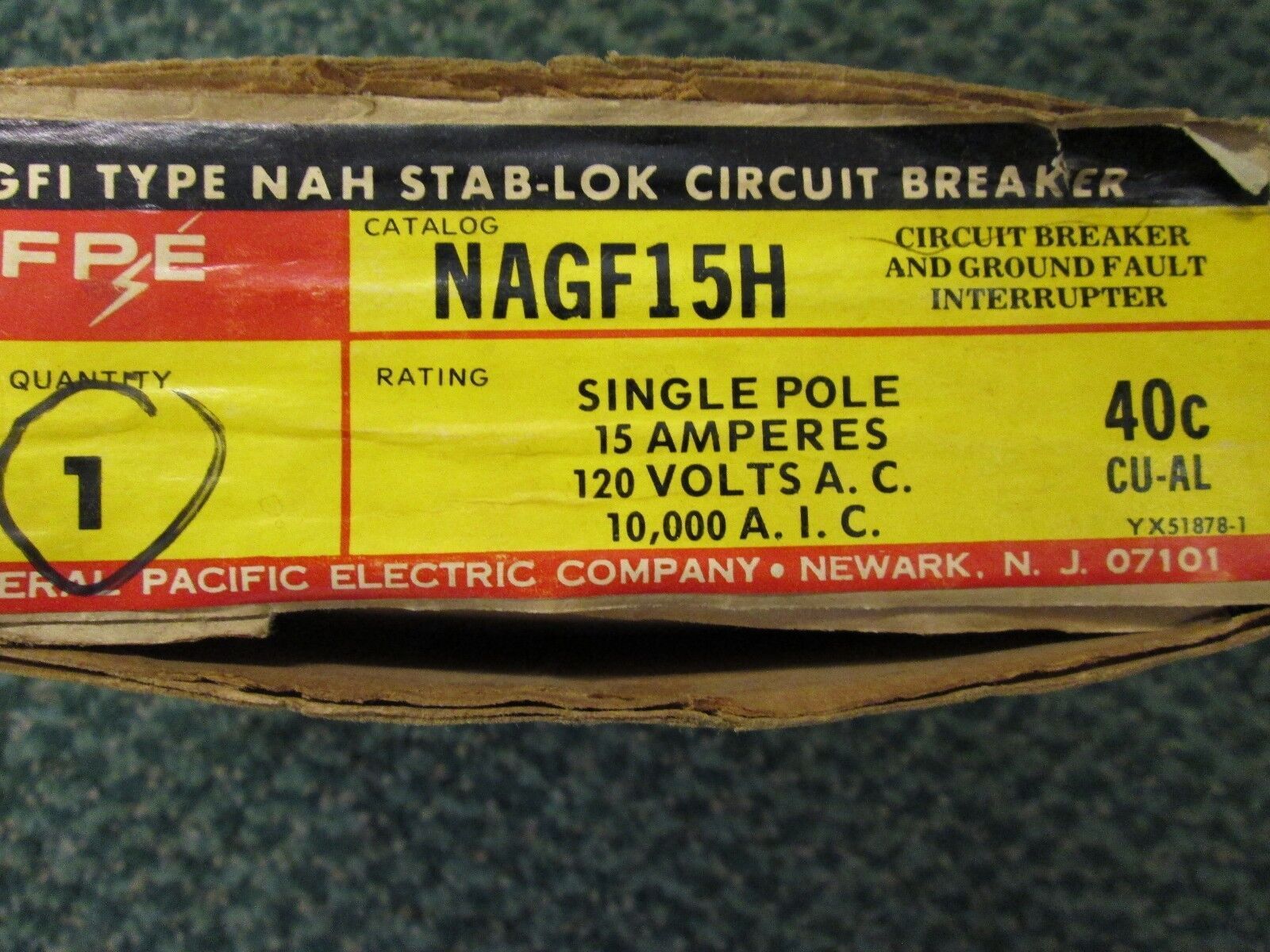 FPE Circuit Breaker NAGF15H GFI Type NAH Stab-Lock 15A 120V 1P New Surplus