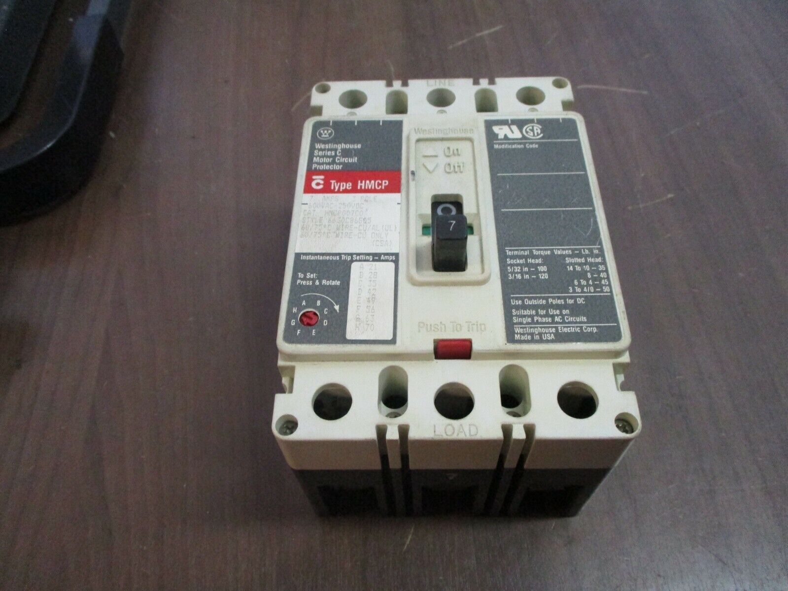 Westinghouse Circuit Breaker HMCP007C0 7A 600V 3P Used