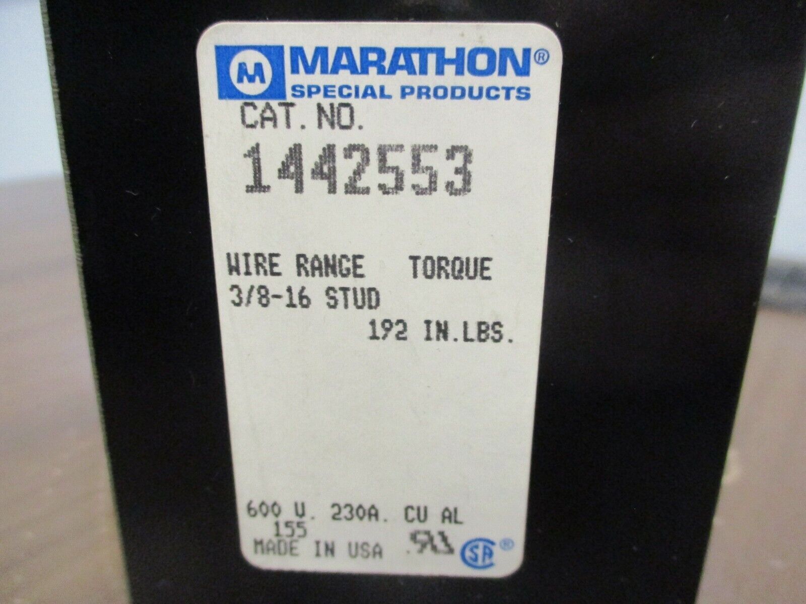Marathon Terminal Block 1442553 230A 600V 2P 3/8-16 STUD Used