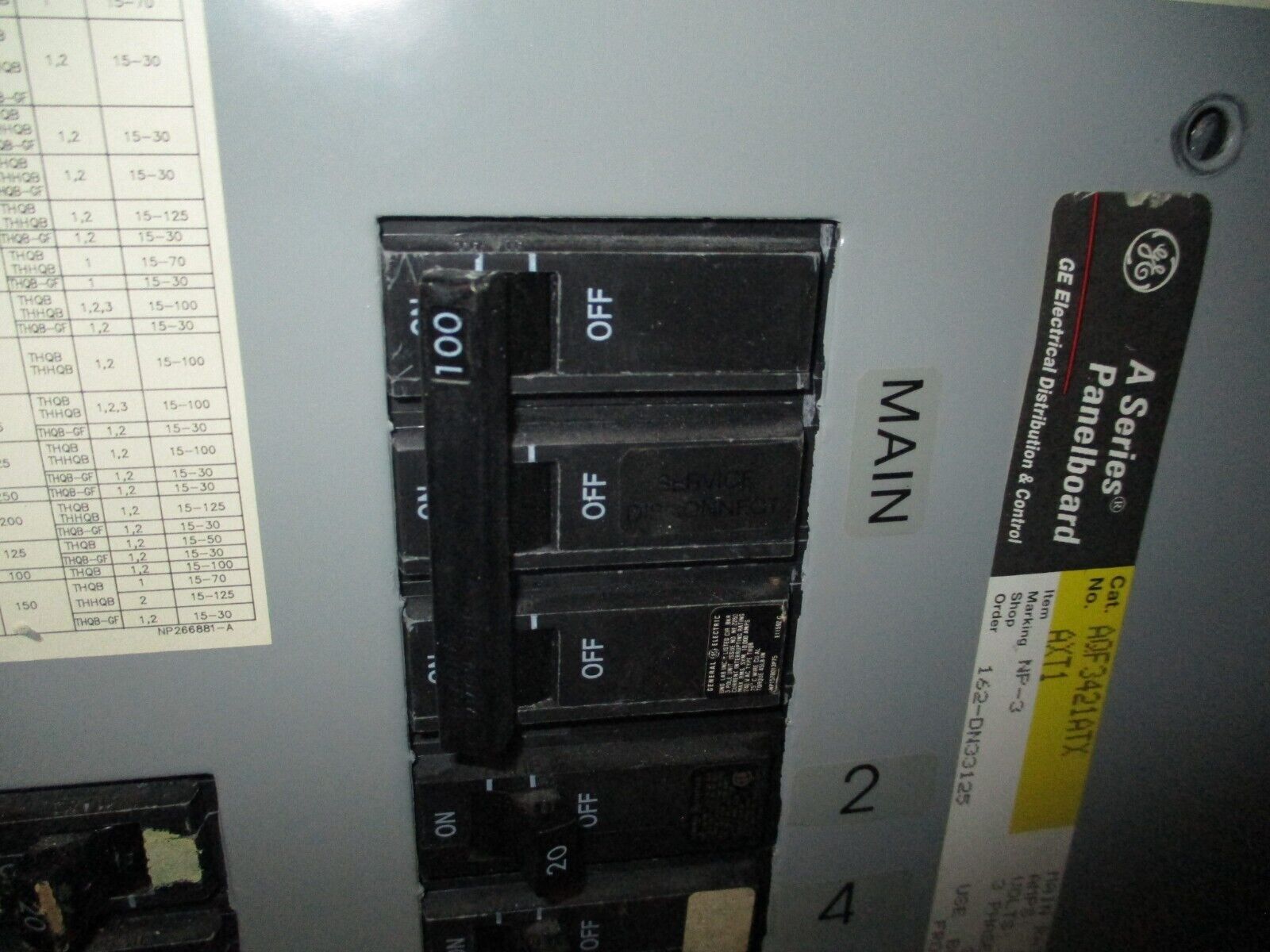 GE Main Breaker Circuit Breaker Panel AQF3421ATX 125A Max, 100A Main 208/120V