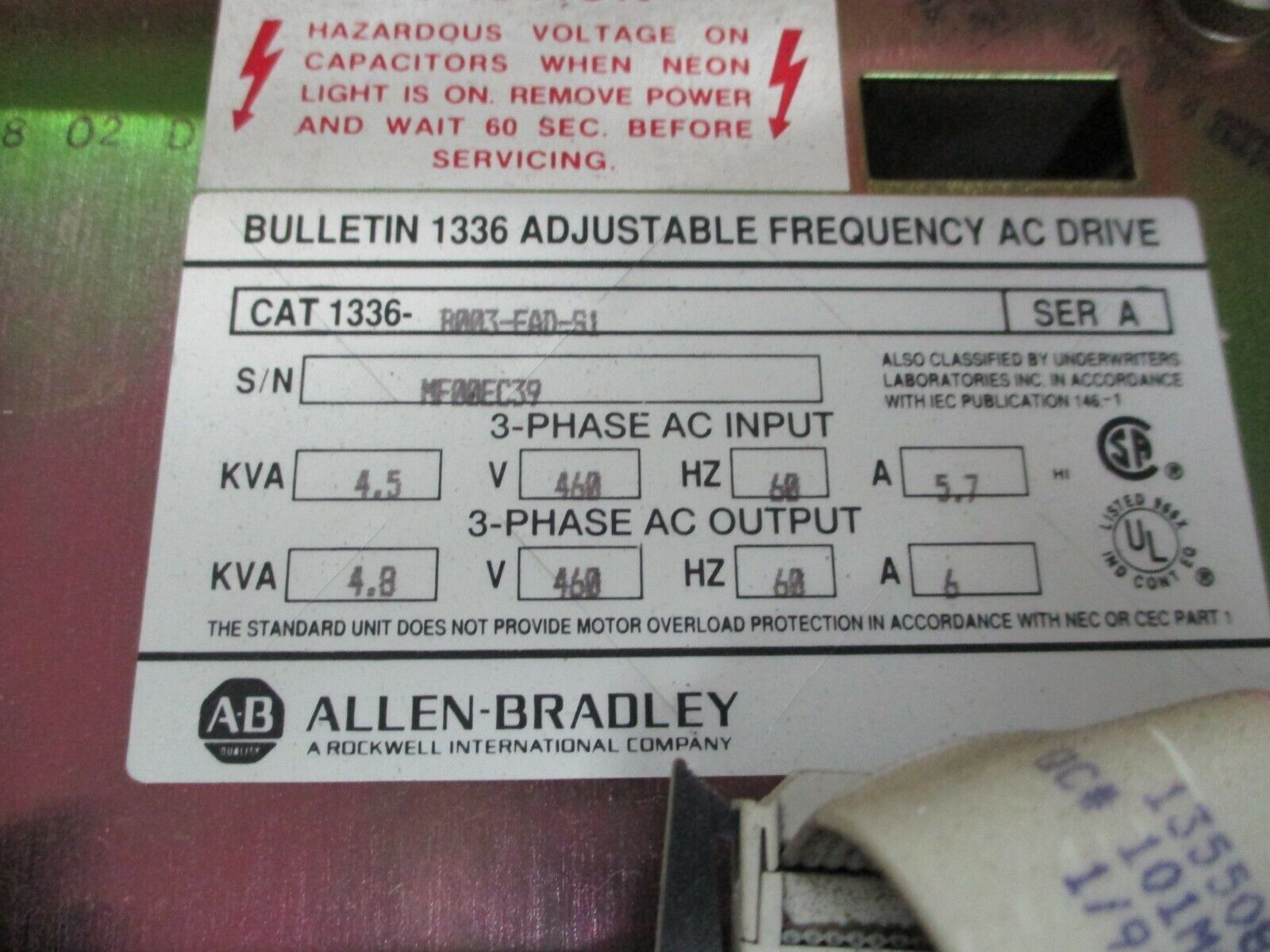 Allen-Bradley 1336 AC Drive 1336-B003-EAD-S1 3HP, w/ L3 Board, Used