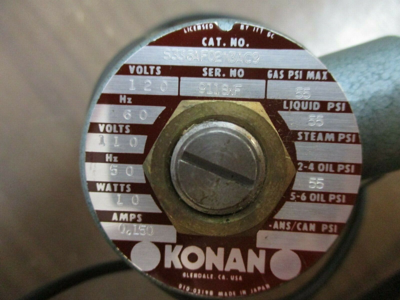 Konan Solenoid Valve S336AF02N3AC9 55PSI 110/120V 50/60Hz 10W 0.15A Used