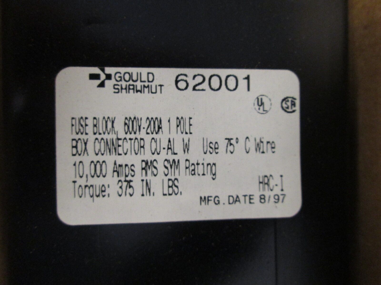 Gould Shawmut Fuse Block 62001 200A 600V 1P New Surplus