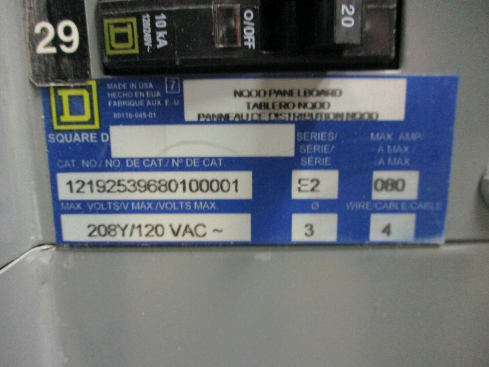Square D Main Breaker Circuit Breaker Panel 12192539680100001 80A Max 208Y/120