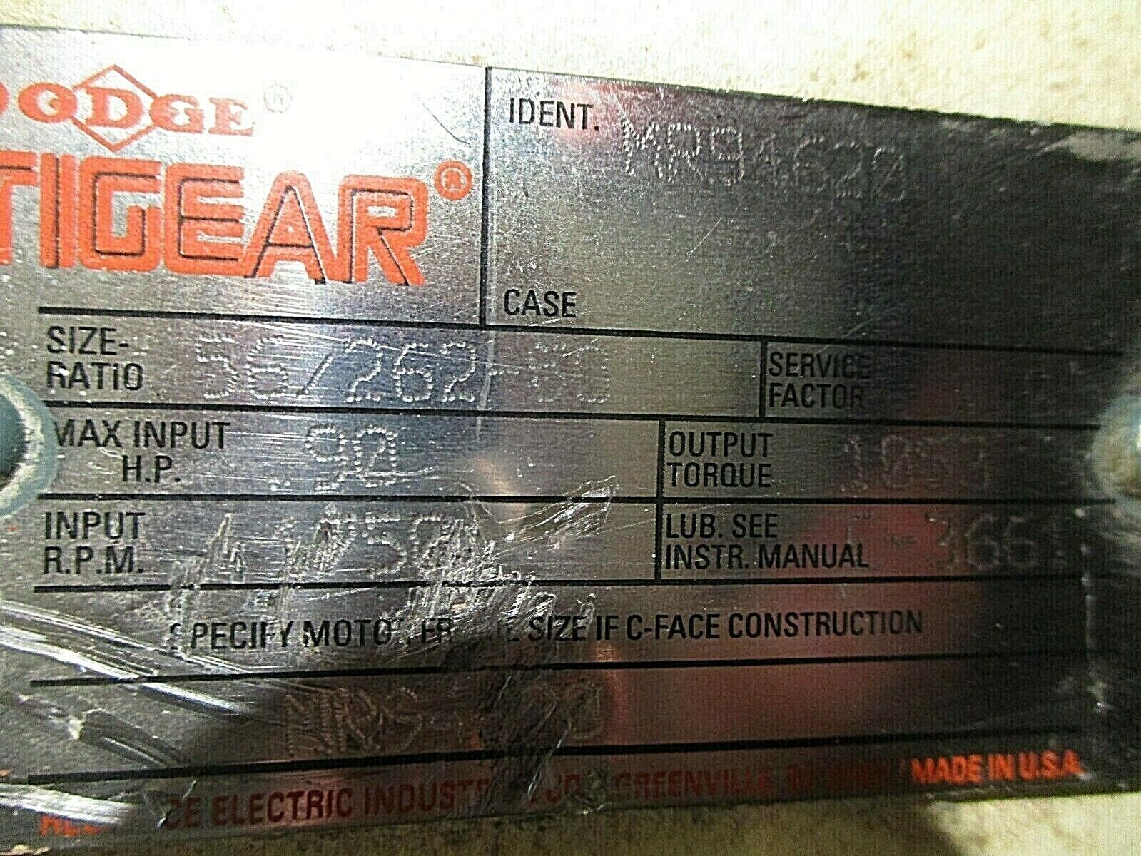Dodge Tigear Reducer 56/262-50 Ratio 50:1 0.90HP In 1750RPM In Used