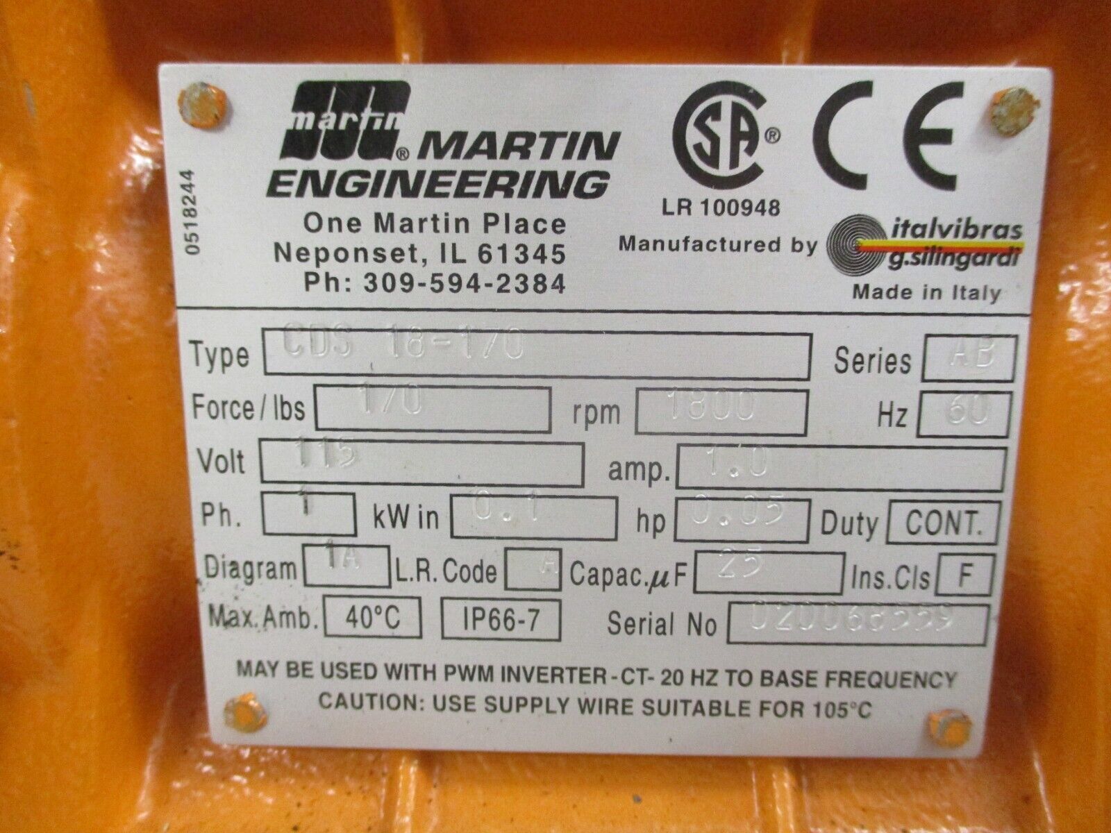 Martin Engineering Industrial Vibrator CDS 18-1/0 115V 1Ph 1800RPM Used