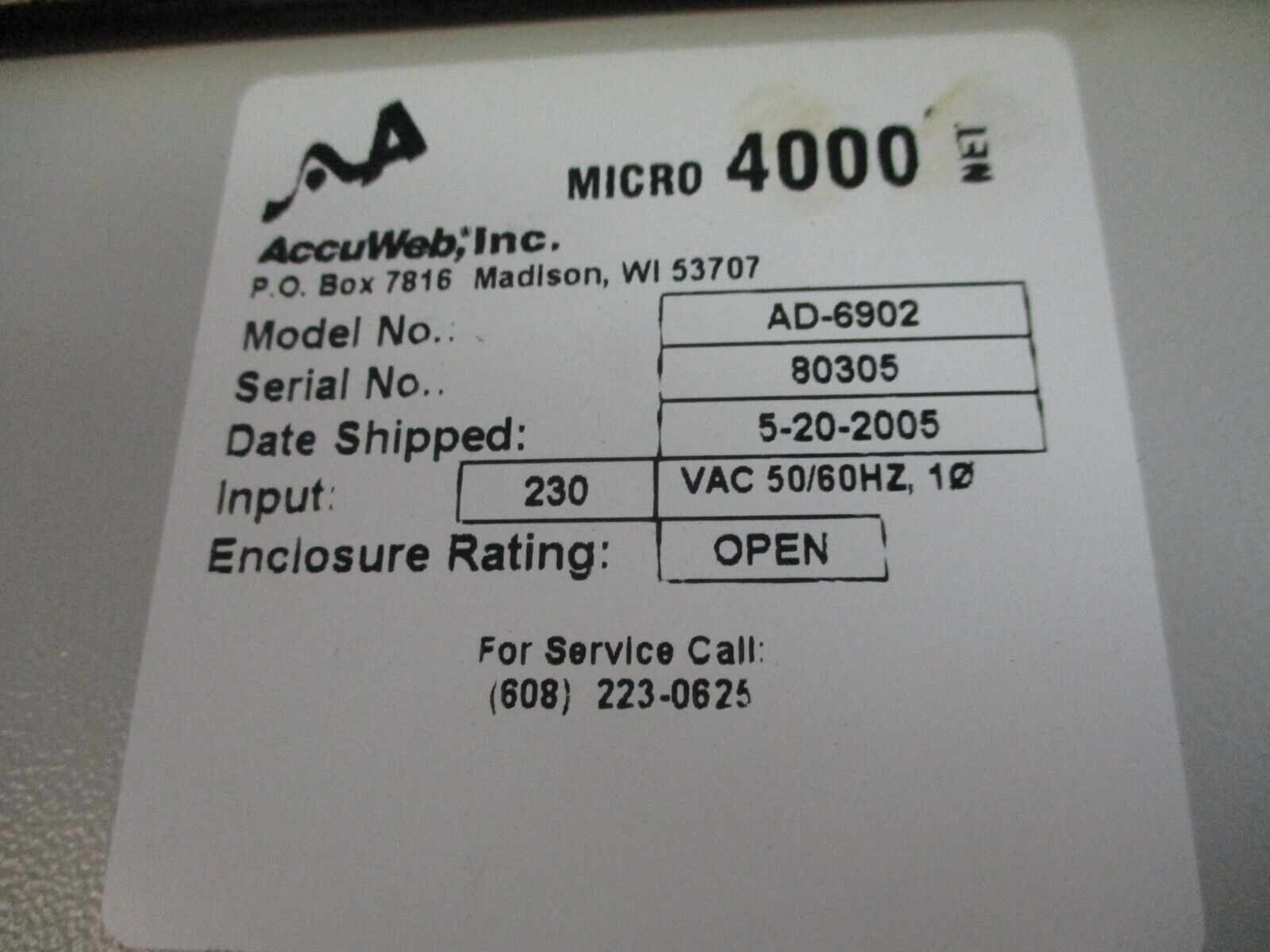 AccuWeb Micro 4000 Web Guide Control System AD-6902 230V 50/60Hz 1Ph Used