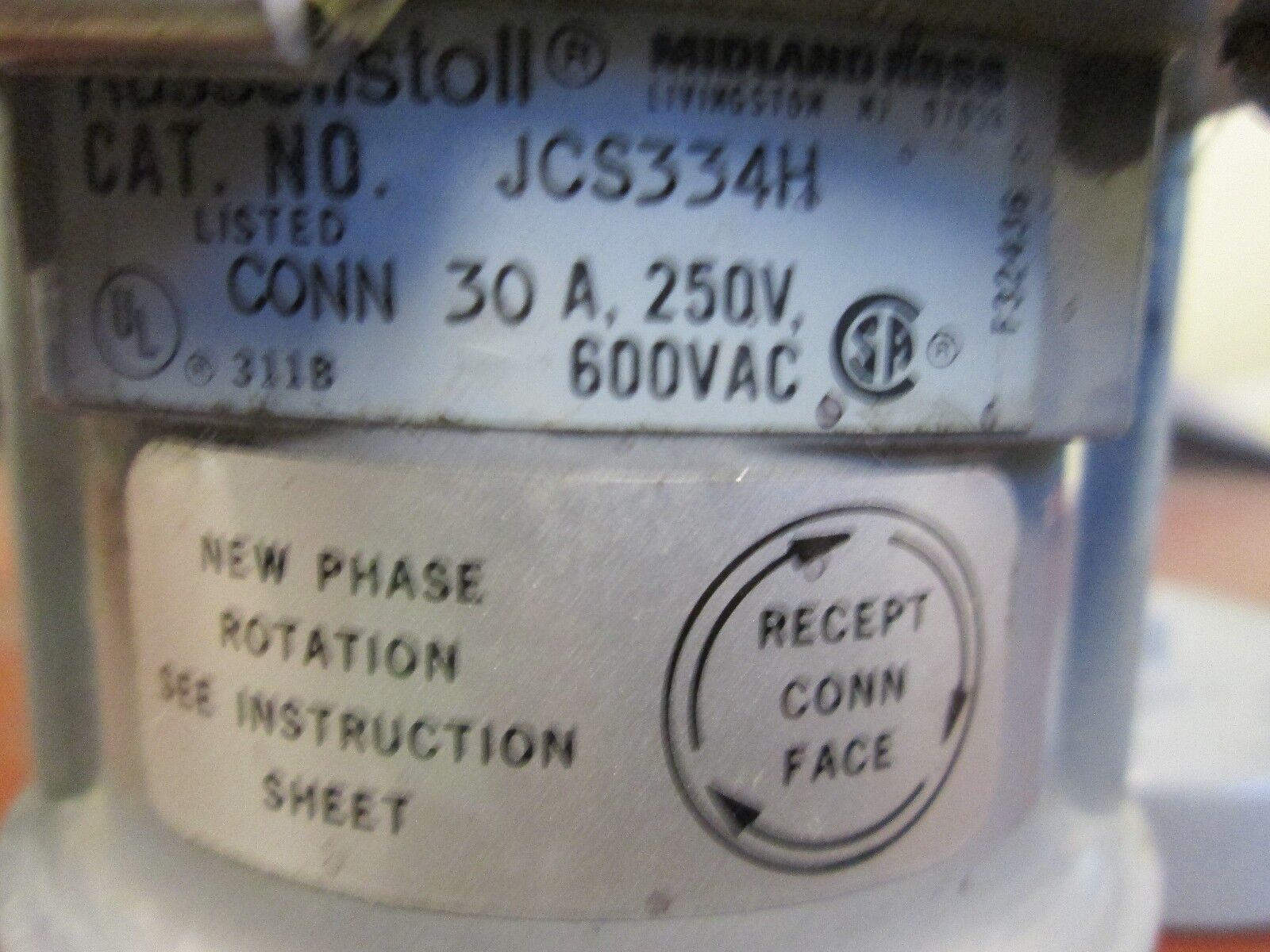 Russellstoll Connector JCS334H 30A 600V 3P 4W Conduit Type End Used