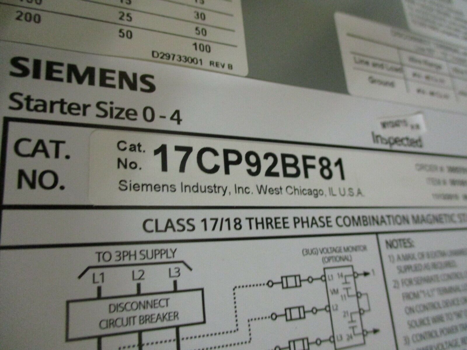 Siemens Non-Fusible Size 0 Combination 17CP92BF81 120V Coil 18A 600V New Surplus