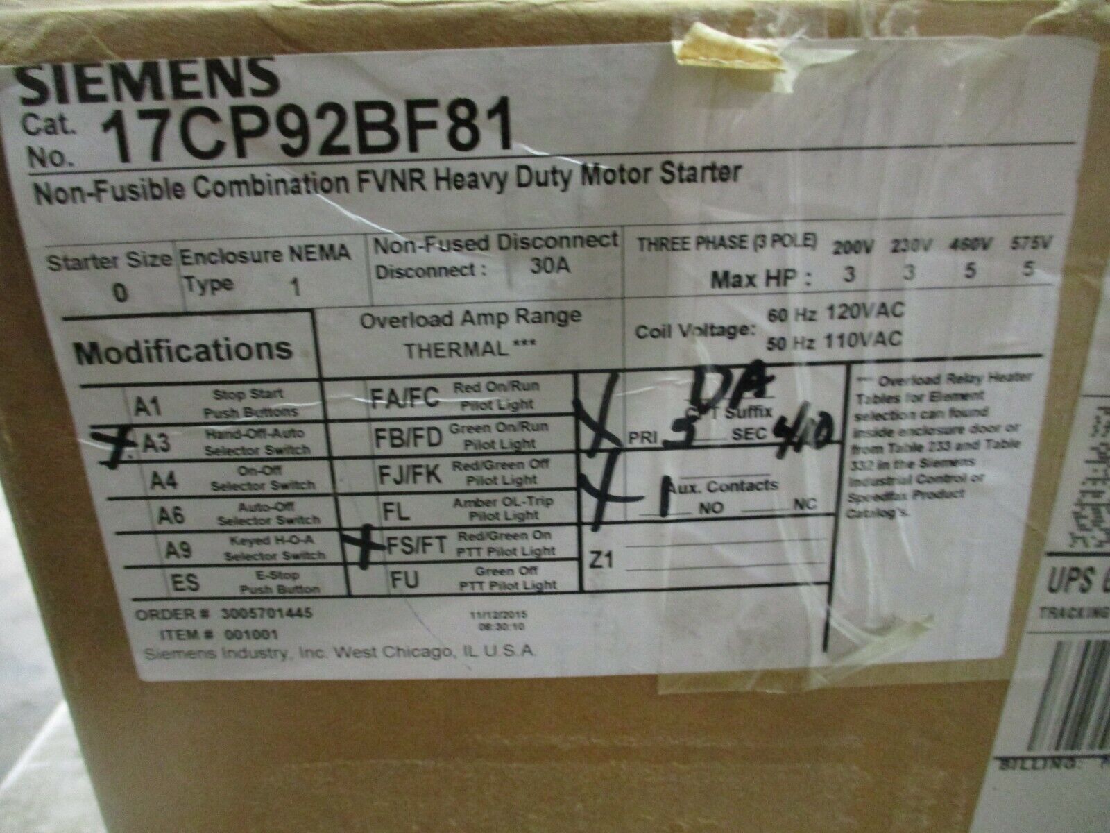 Siemens Non-Fusible Size 0 Combination 17CP92BF81 120V Coil 18A 600V New Surplus