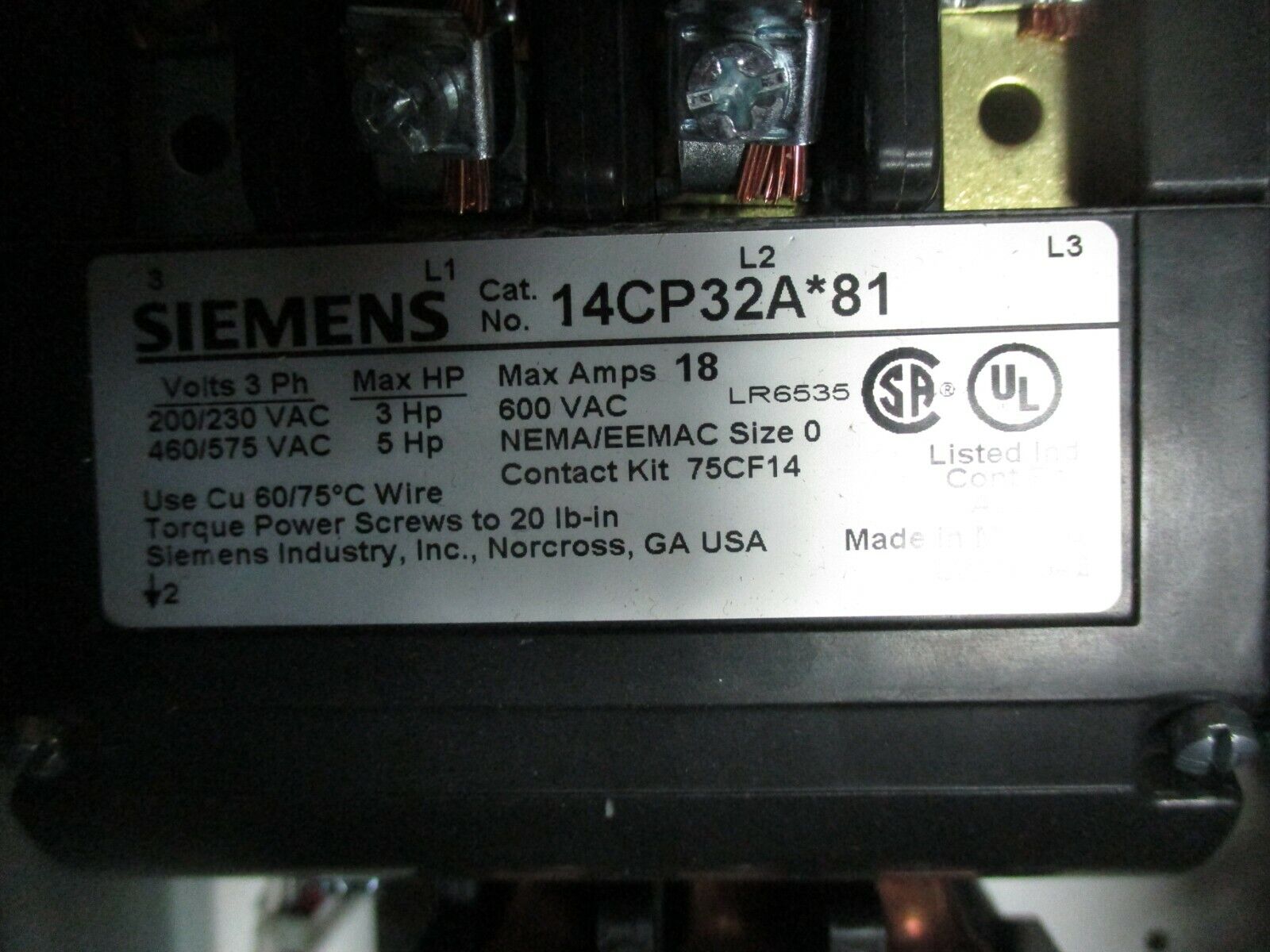 Siemens Non-Fusible Size 0 Combination 17CP92BF81 120V Coil 18A 600V New Surplus