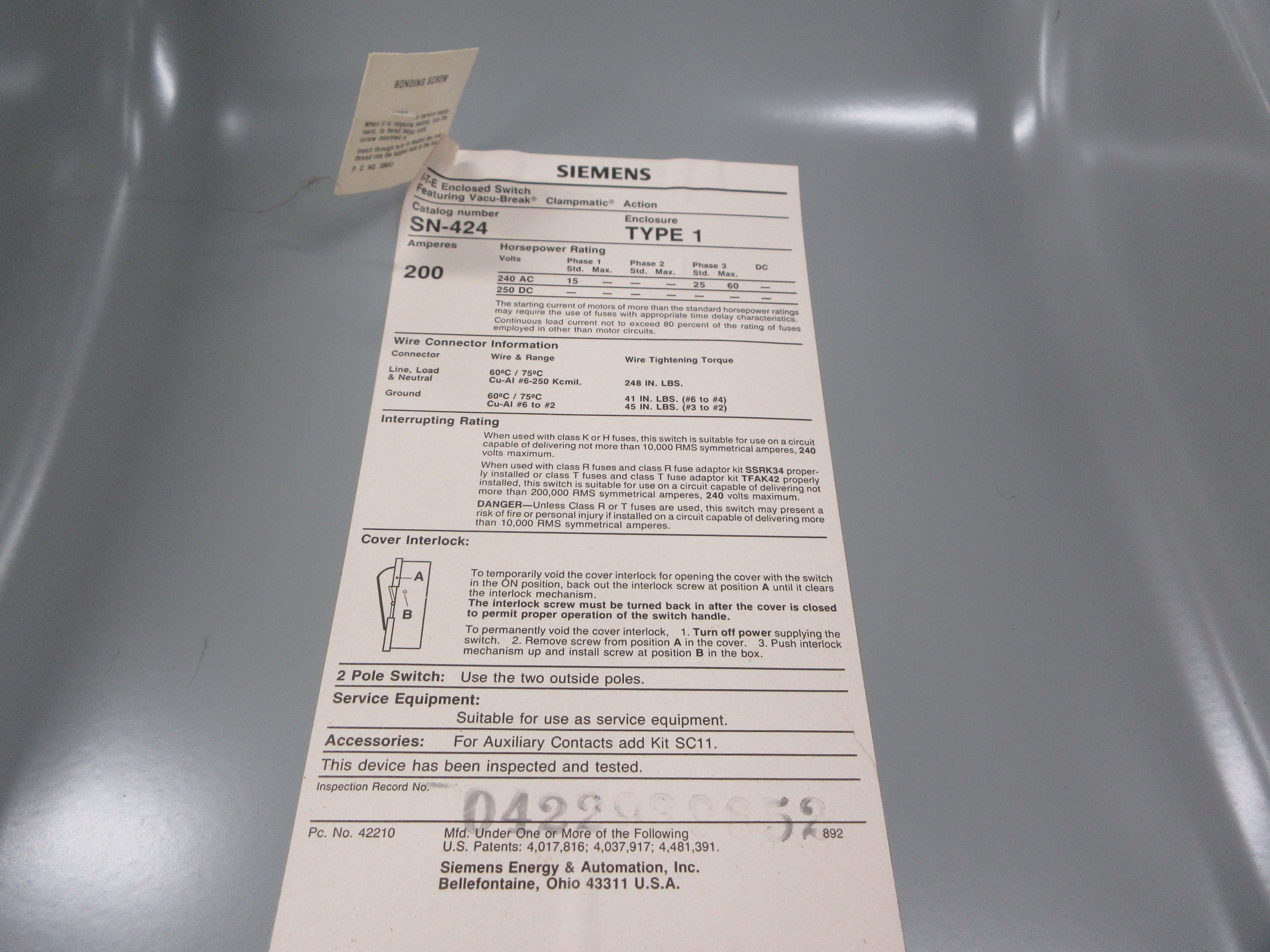 ITE Safety Switch SN424 200A 240VAC 3Ph Type 1 Enclosure Used