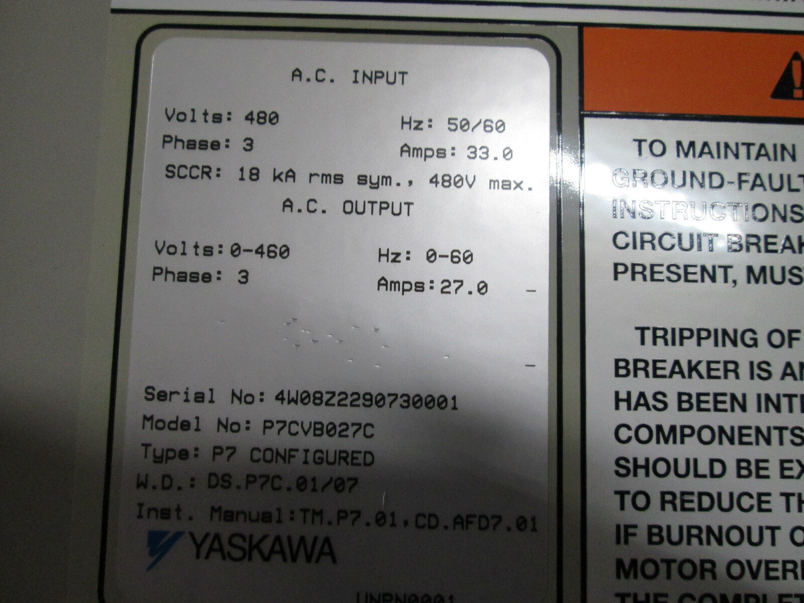 Yaskawa AC Drive w/ Disconnect CIMR-97U4011 21kVA In: 480V 33A Out: 0-460V 27A