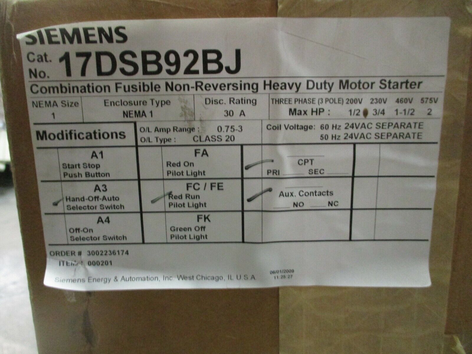 Siemens Fusible Size 1 Combination 17DSB92BJ 24V Coil Trip: 0.75-3A New Surplus