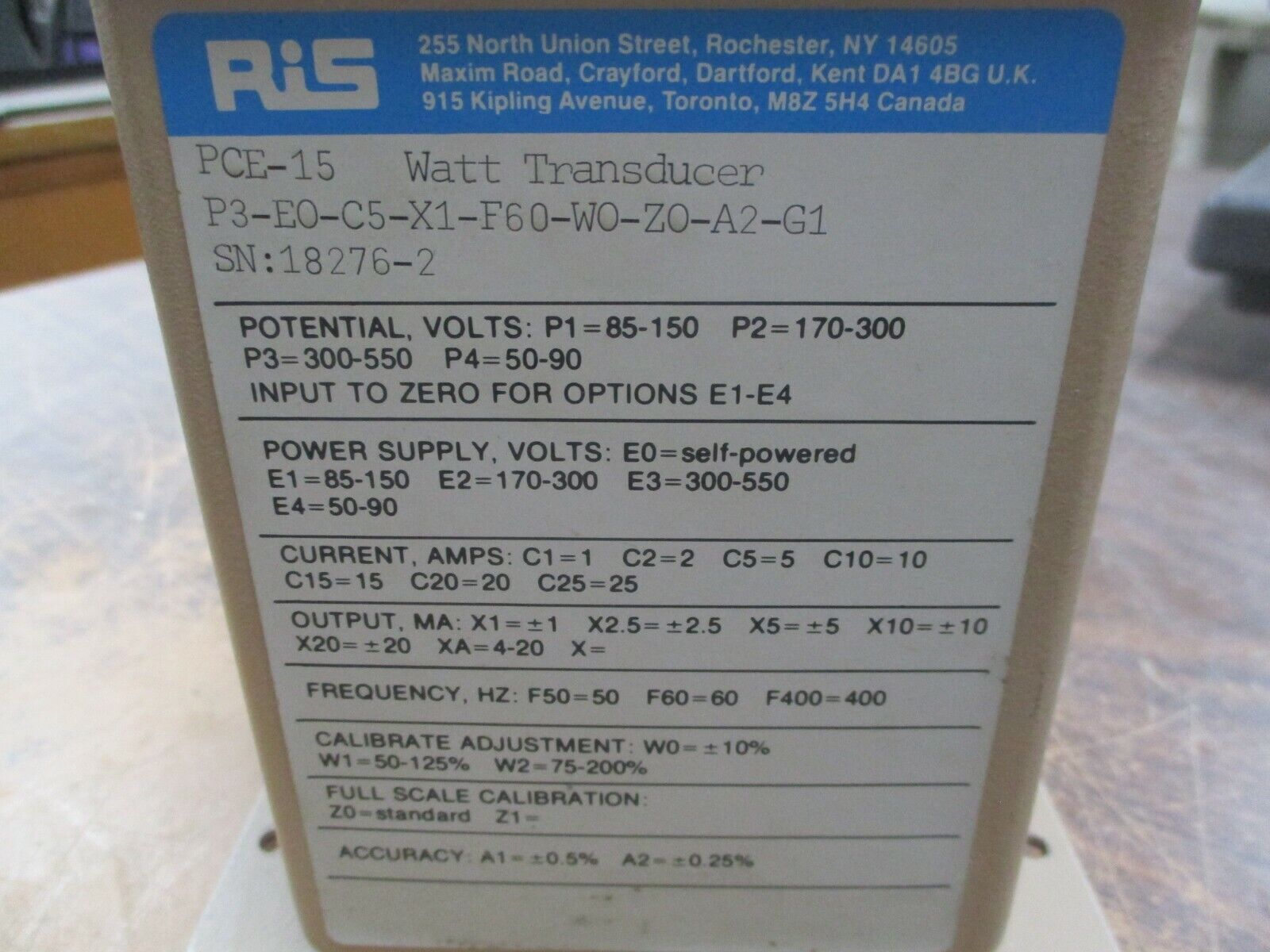 RiS PCE-15 Watt Transducer P3-E0-C5-X1-F60-WO-ZO-A2-G1 1-25A 50/60/400Hz Used