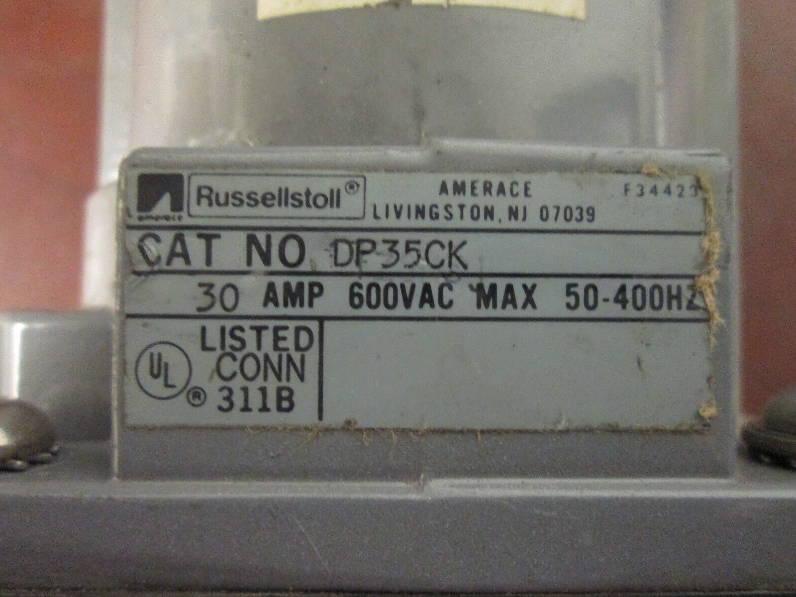 Russellstoll Connector DP35CK 30A 600V 50-400Hz 4W Used