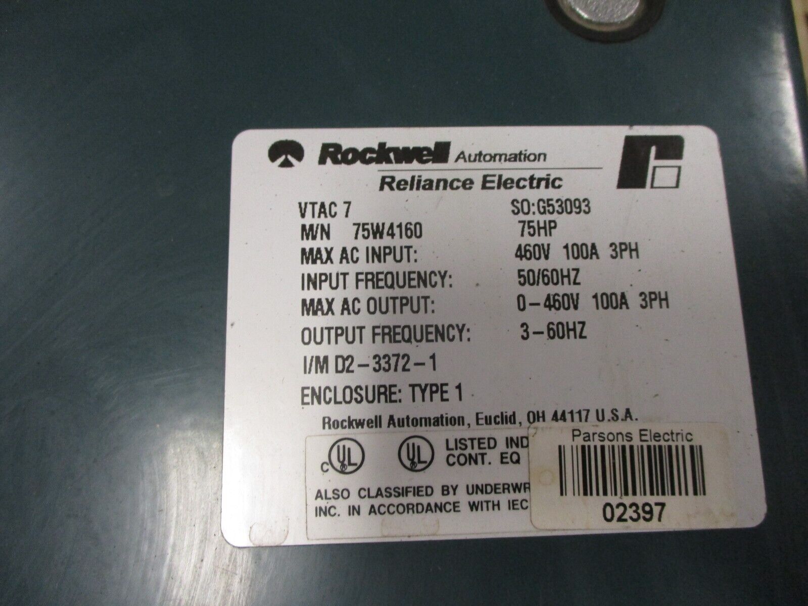Rockwell Automation Reliance VTAC 7 AC Drive 75W4160 75HP 3Ph Used