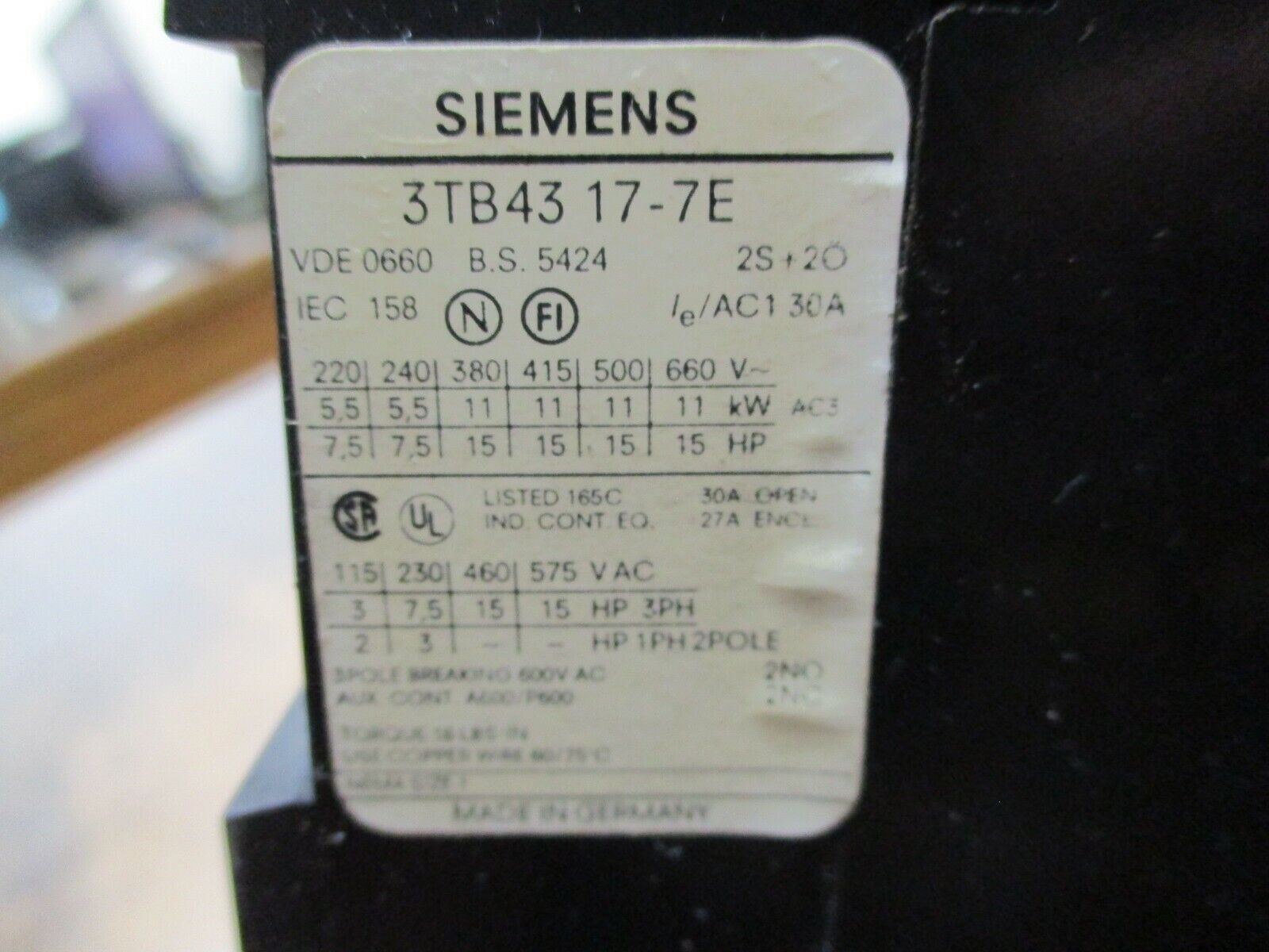 Siemens Size 1 Starter 3TB43 17-7E / 3UA52 00-2A 120V Coil Trip: 10-16A Used