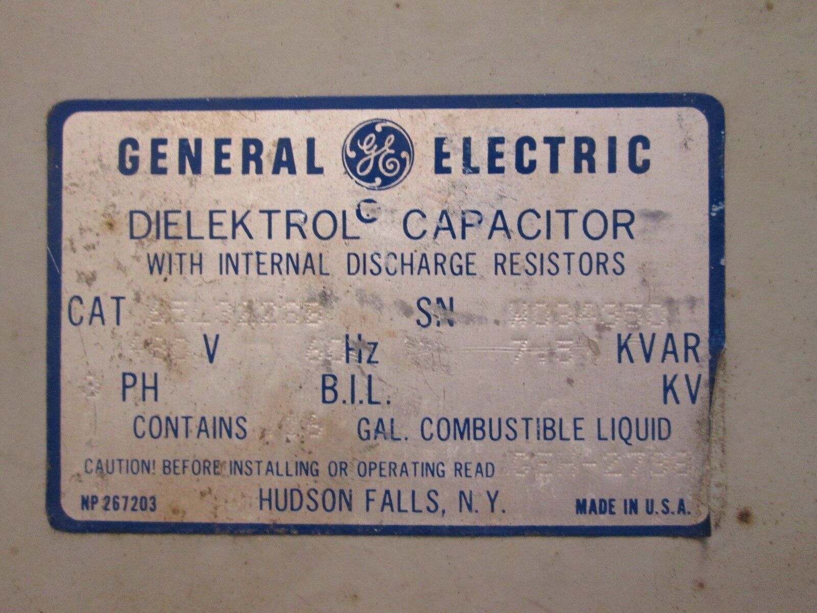 GE Dielektrol Capacitor 65232260 7.5 KVAR 480V 60Hz Used
