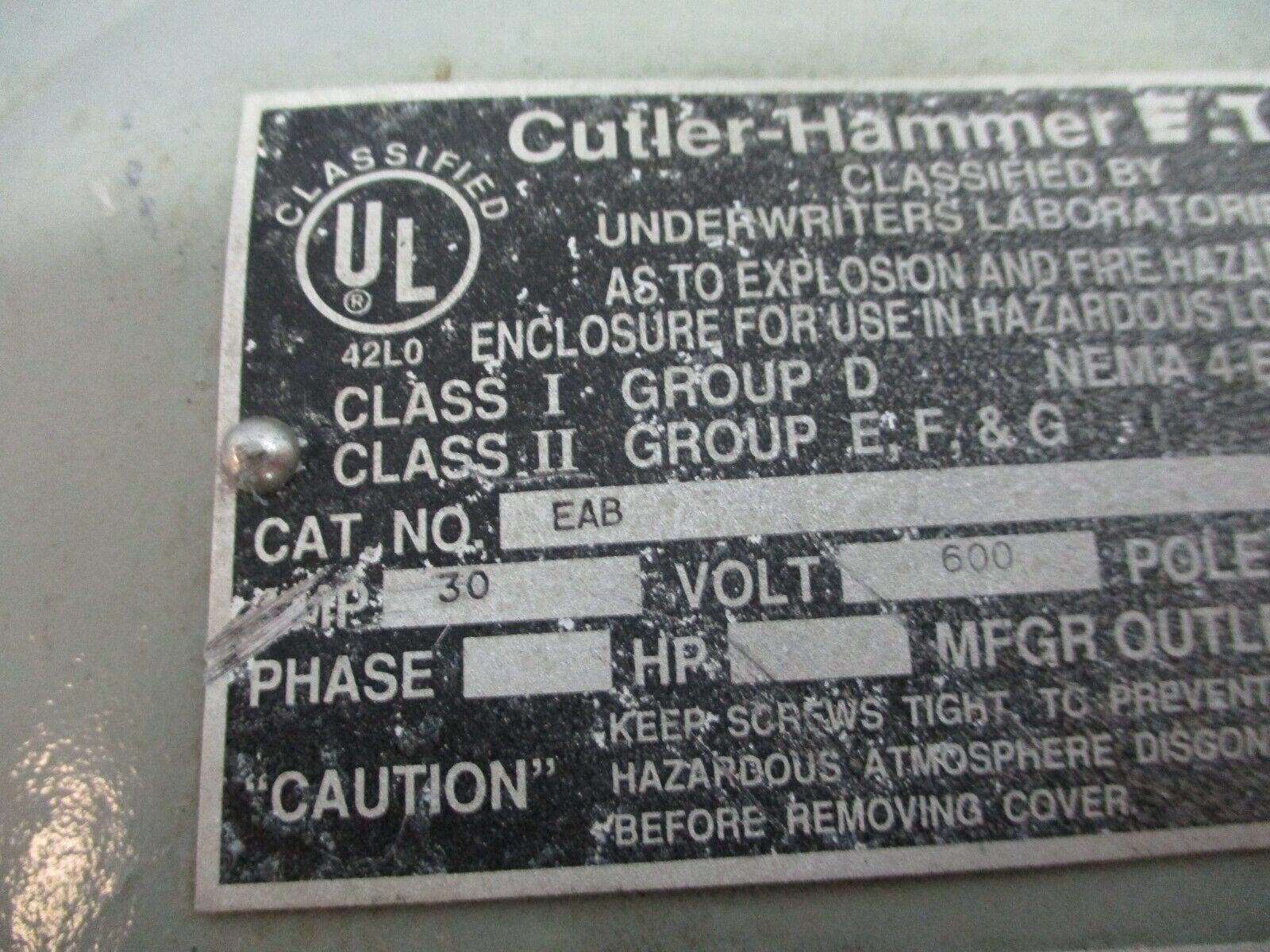Cutler-Hammer Explosion Proof Circuit Breaker Enclosure EAB 30A 600V Used
