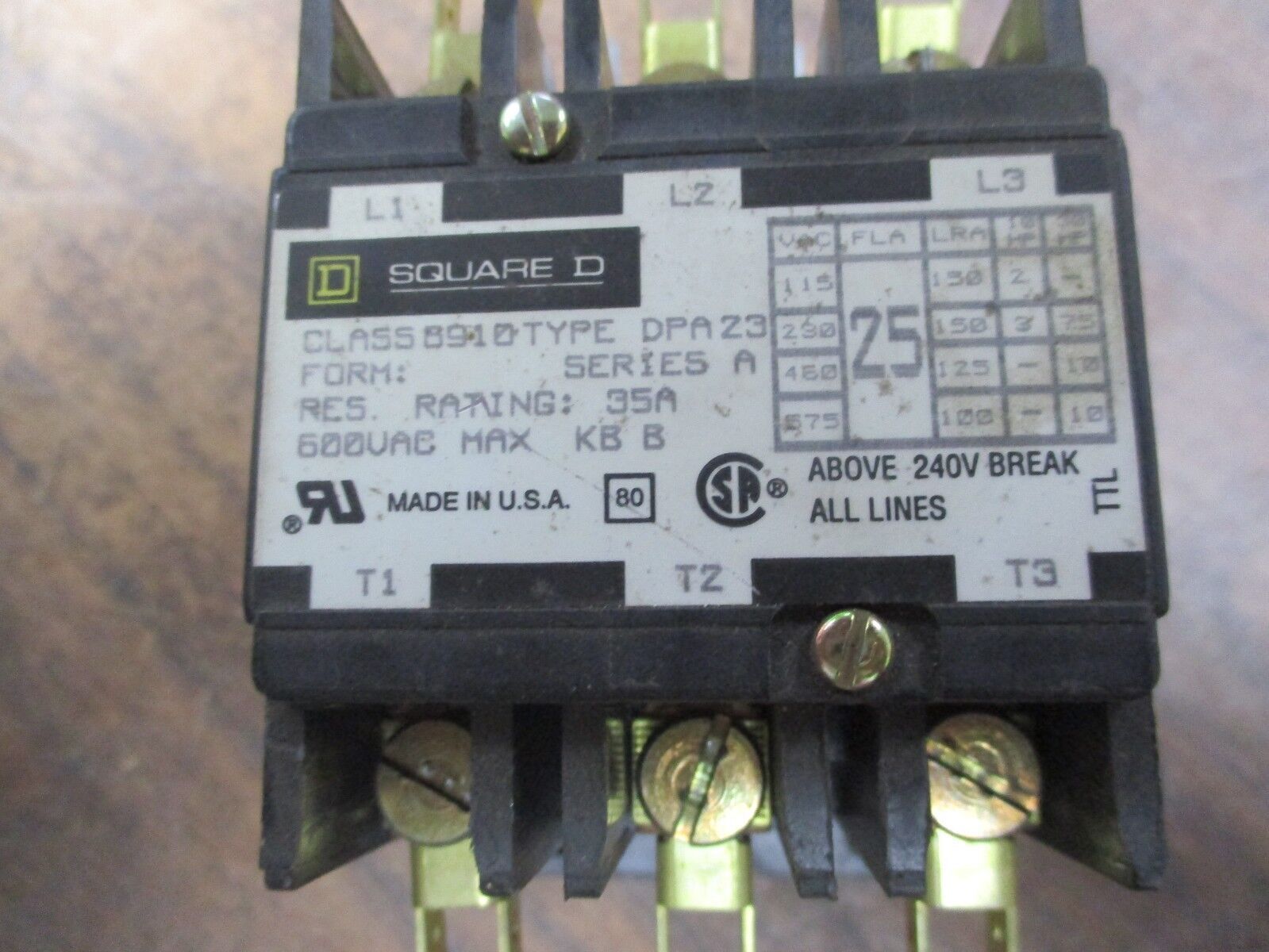 Square D Contactor 8910 DPA23 25A 208-240V Coil 600V Used