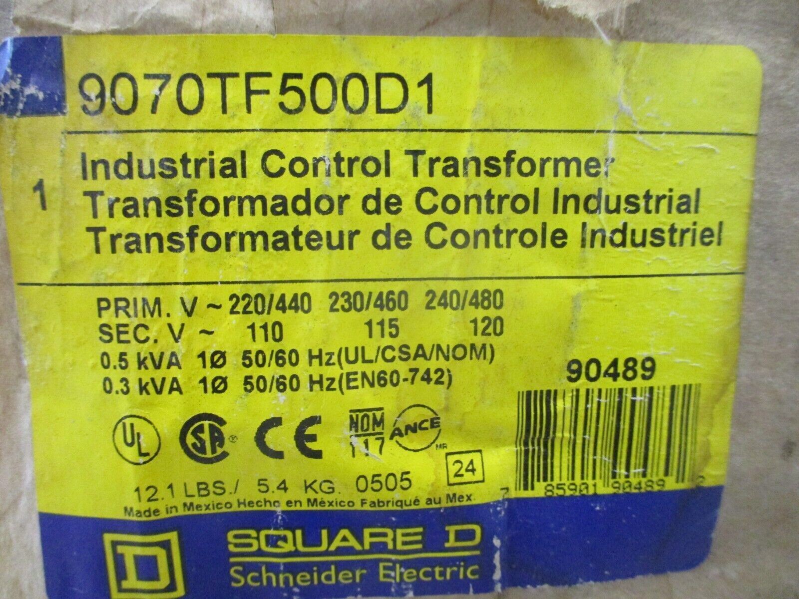 Square D Control Transformer 9070TF500D1 0.5kVA Pri: 240/480V Sec: 120V 50/60Hz