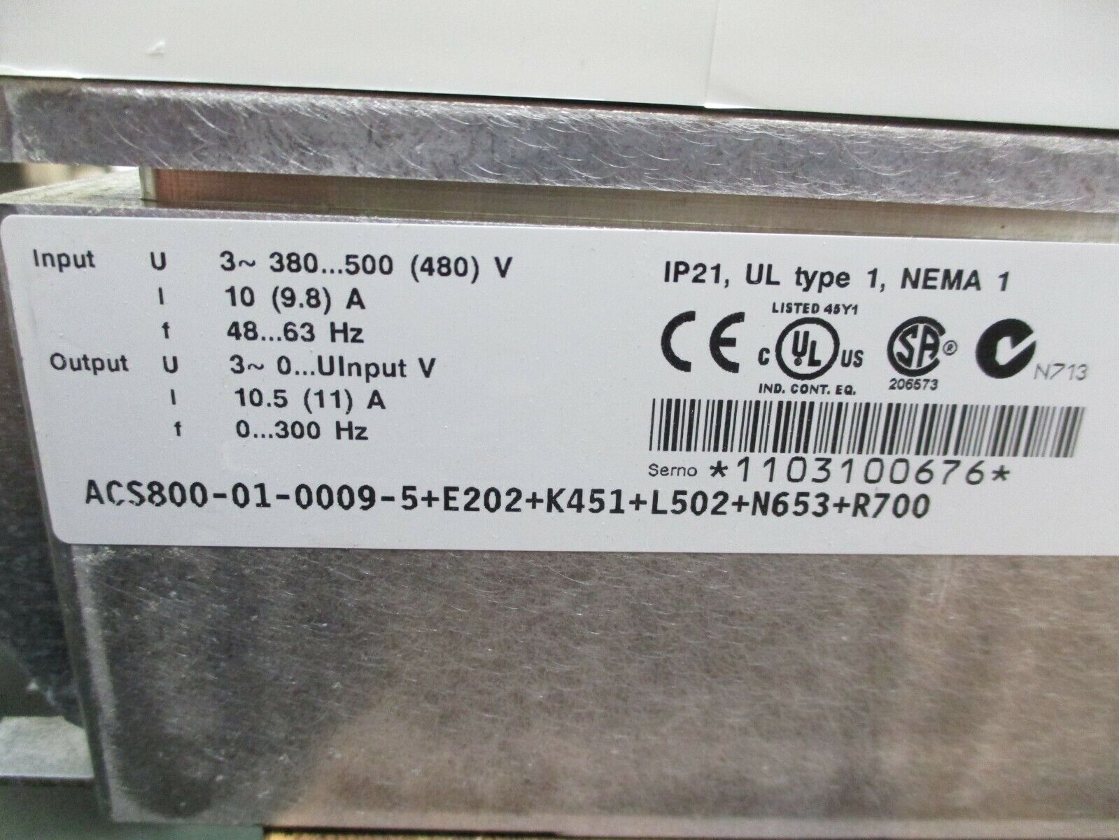 ABB ACS800 AC Drive ACS800-01-0009-5+E202+K451+L502+N653+R700 7.5HP 3Ph Used