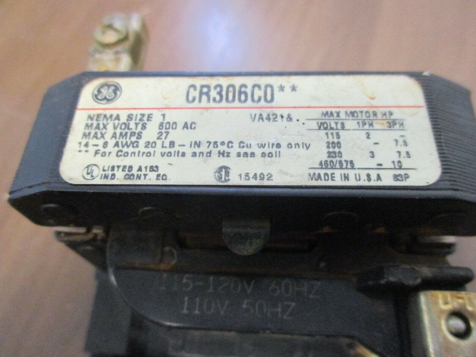 GE Size 1 Starter CR306C0** 115-120V Coil 27A 600V Used