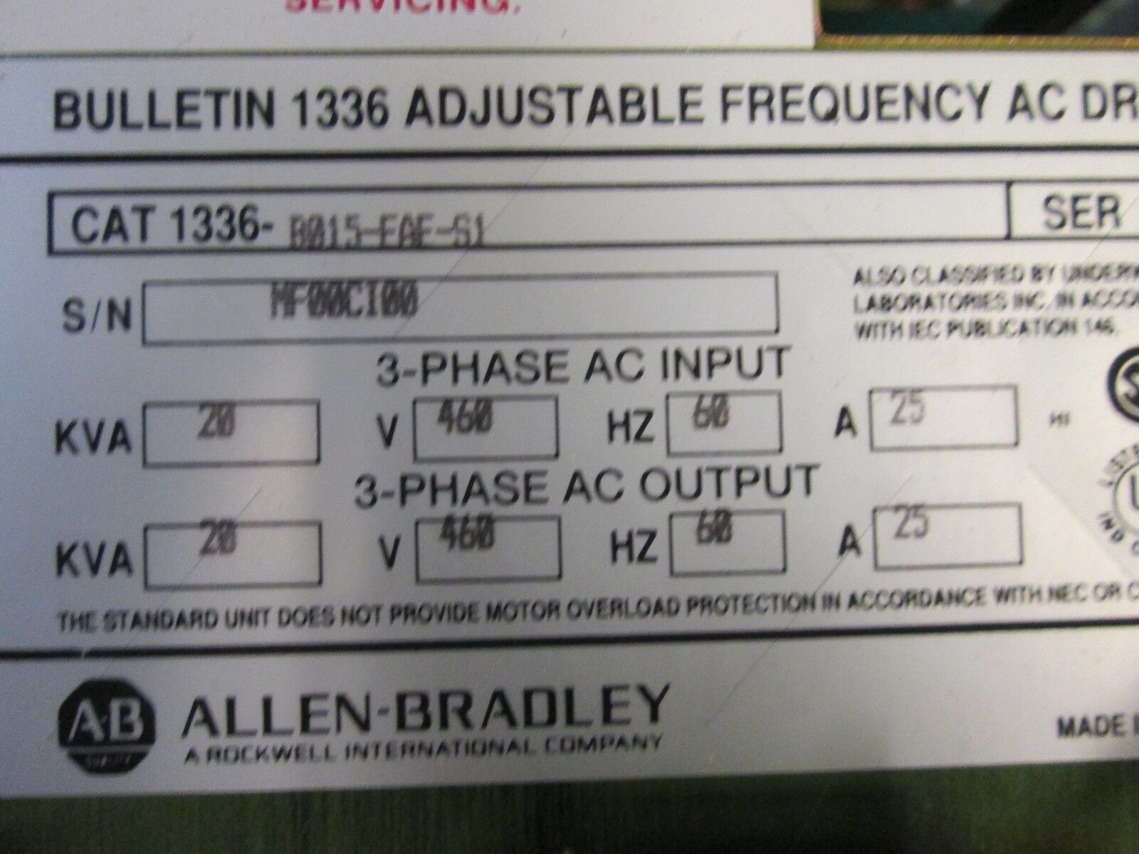 Allen-Bradley AC Drive 1336-BO15-EAE-S1 15 HP Used