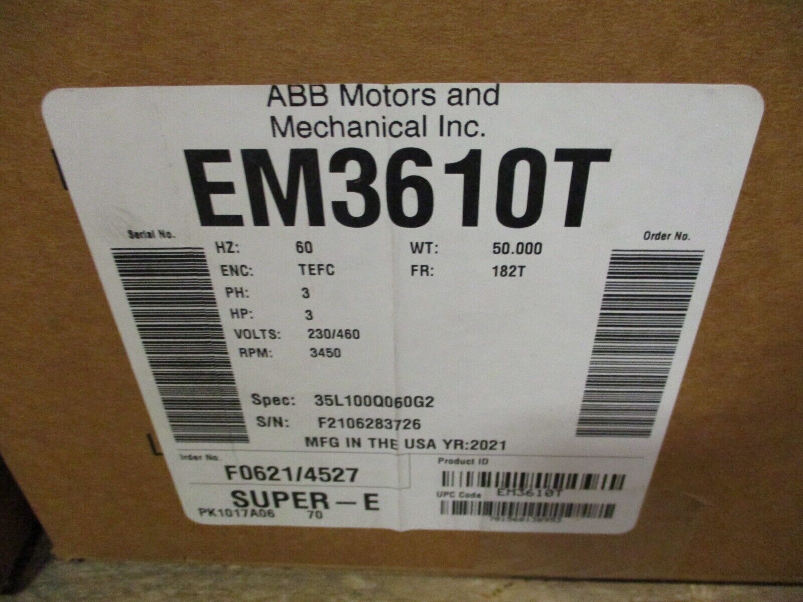 Baldor Motor EM3610T 3HP 3600RPM 230/460V 7.2/3.6A 60Hz 3Ph New Surplus