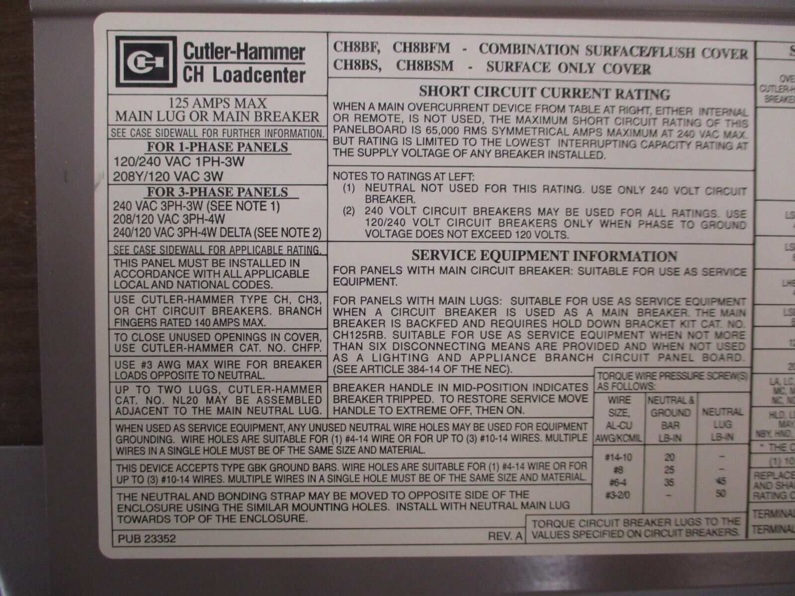 Cutler-Hammer Main Lug Load Center w/ Cover CH12L125B / CH8BSM 125A 240V 1Ph 3W