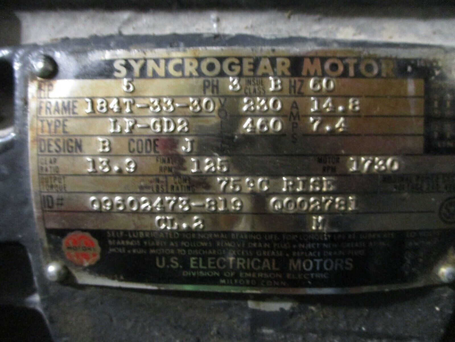 US Motors Syncrogear Motor Q9602473-819 Q002781 5HP 1800RPM 3Ph 230/460V 60Hz