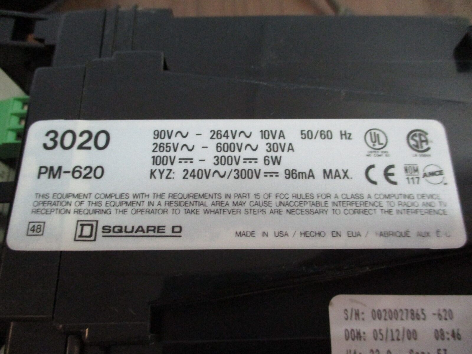 Square D PowerLogic Power Meter w/ Display 3020 PM-620/3020 PMD-32 Ser F3 Used