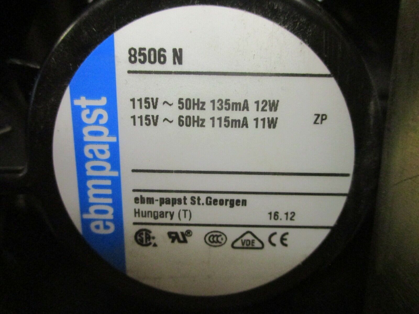 ebmpapst Fan 8506 N 115V 50/60Hz 135/115mA 12/11W Used