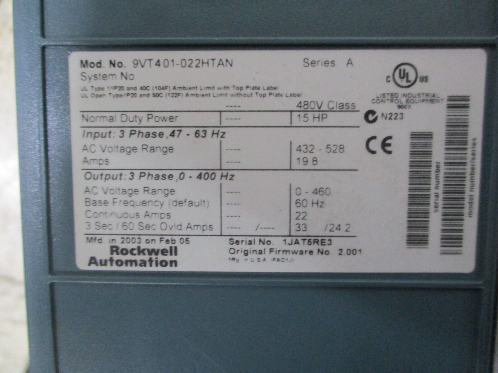 Rockwell Automation VTAC9 AC Drive w/ Disconnect 9VT401-022HTAN 15HP 3Ph Used