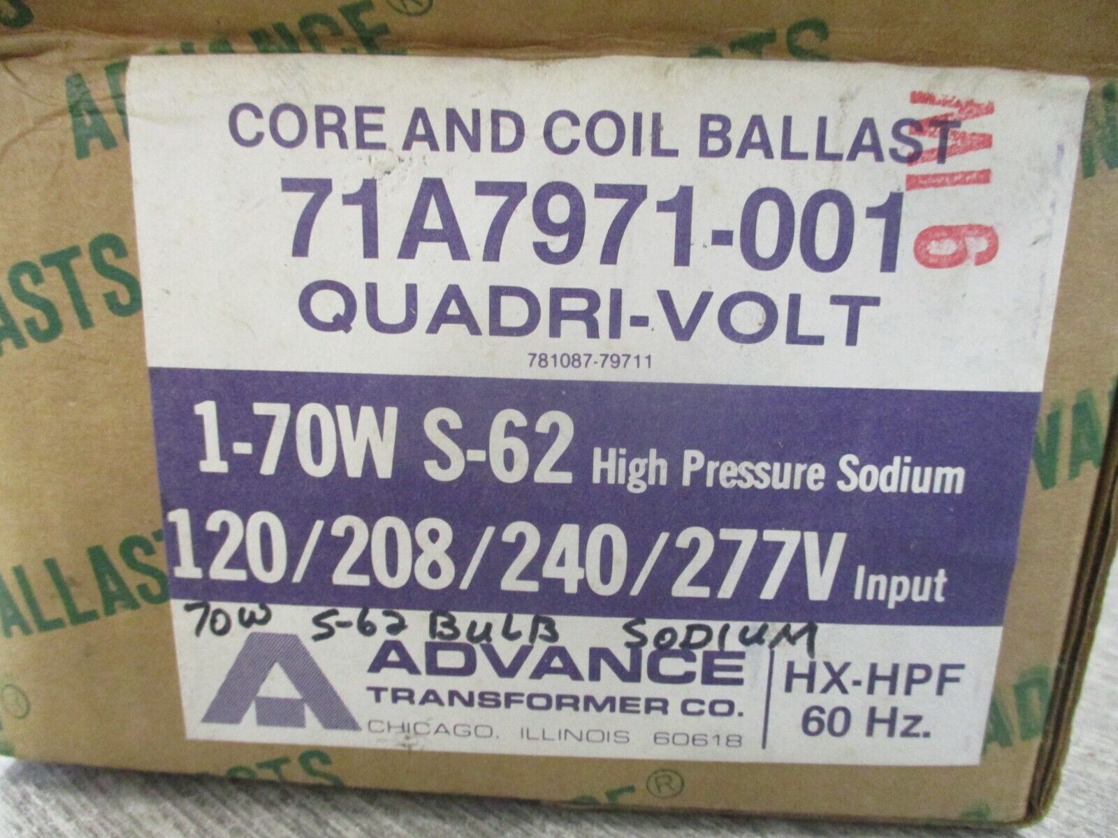 Advance Quadri-Volt Core & Coil Ballast 71A7971-001 120/208/240/277 60Hz 70W New