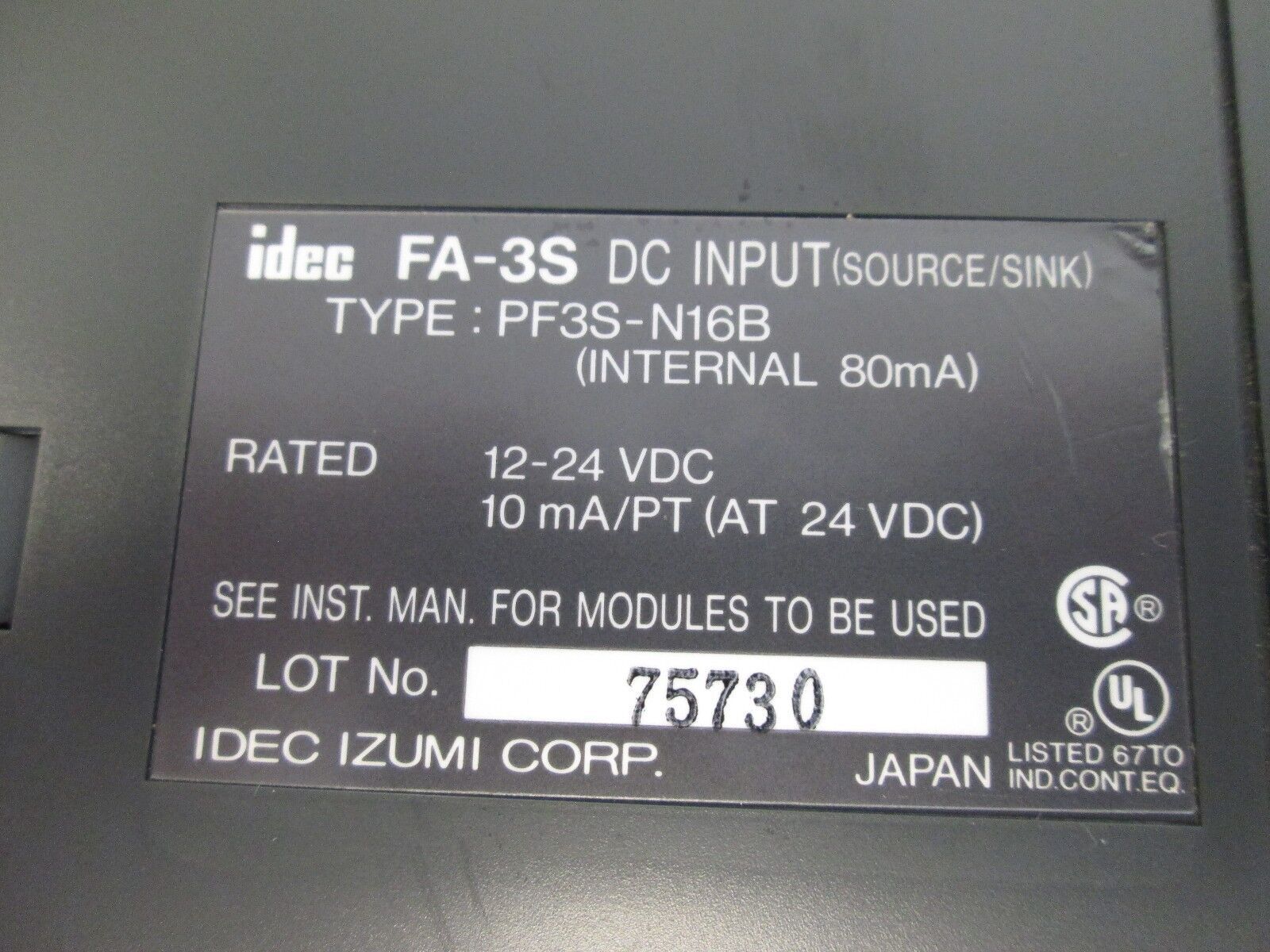 IDEC Input Module PF3S-N16B 12-24VDC 10mA/PT Internal: 80mA Used