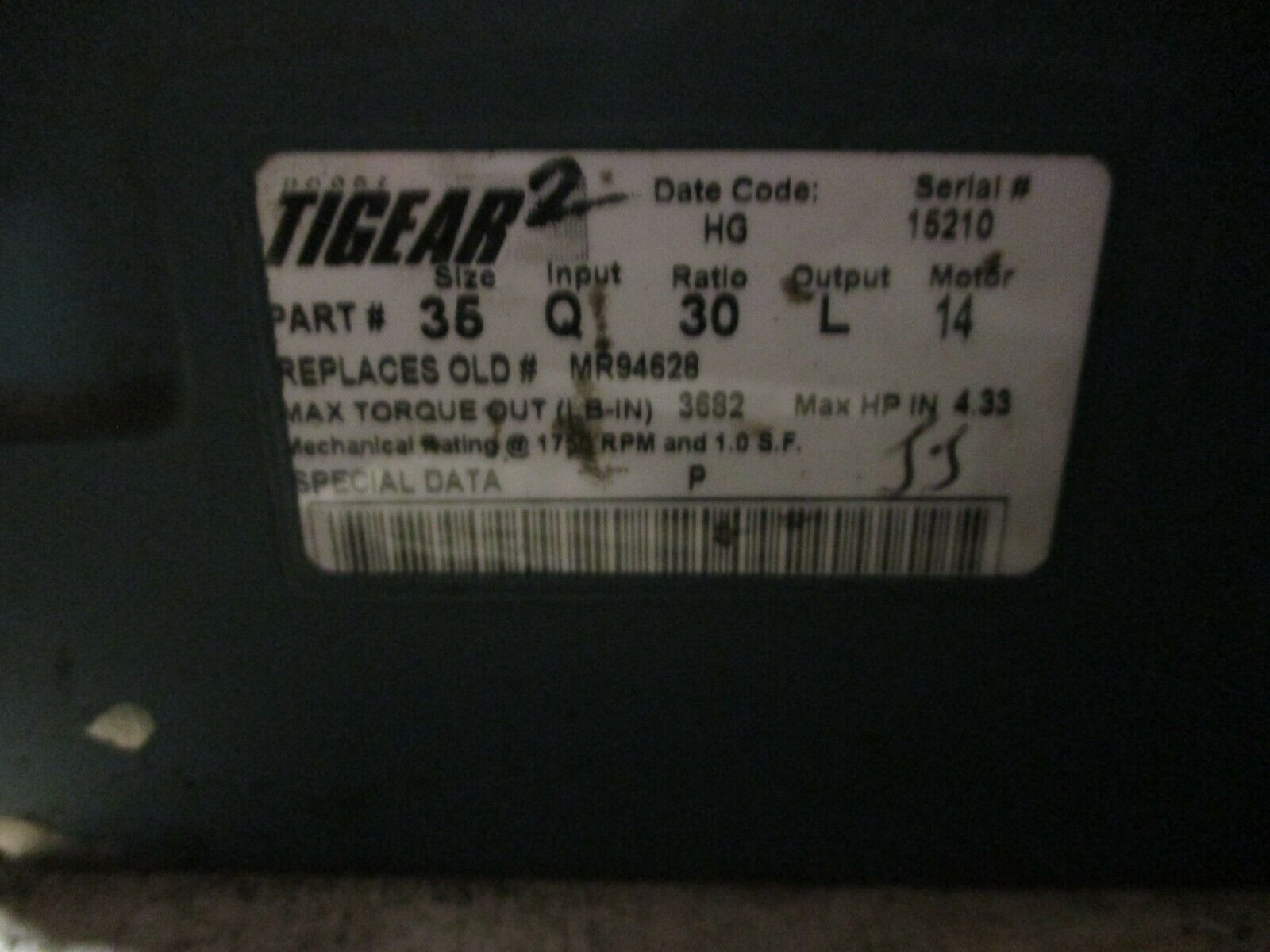 Dodge Tigear 2 Reducer 35Q30L14 Ratio 30:1 HP 4.33 RPM Input 3682 LB-In Used