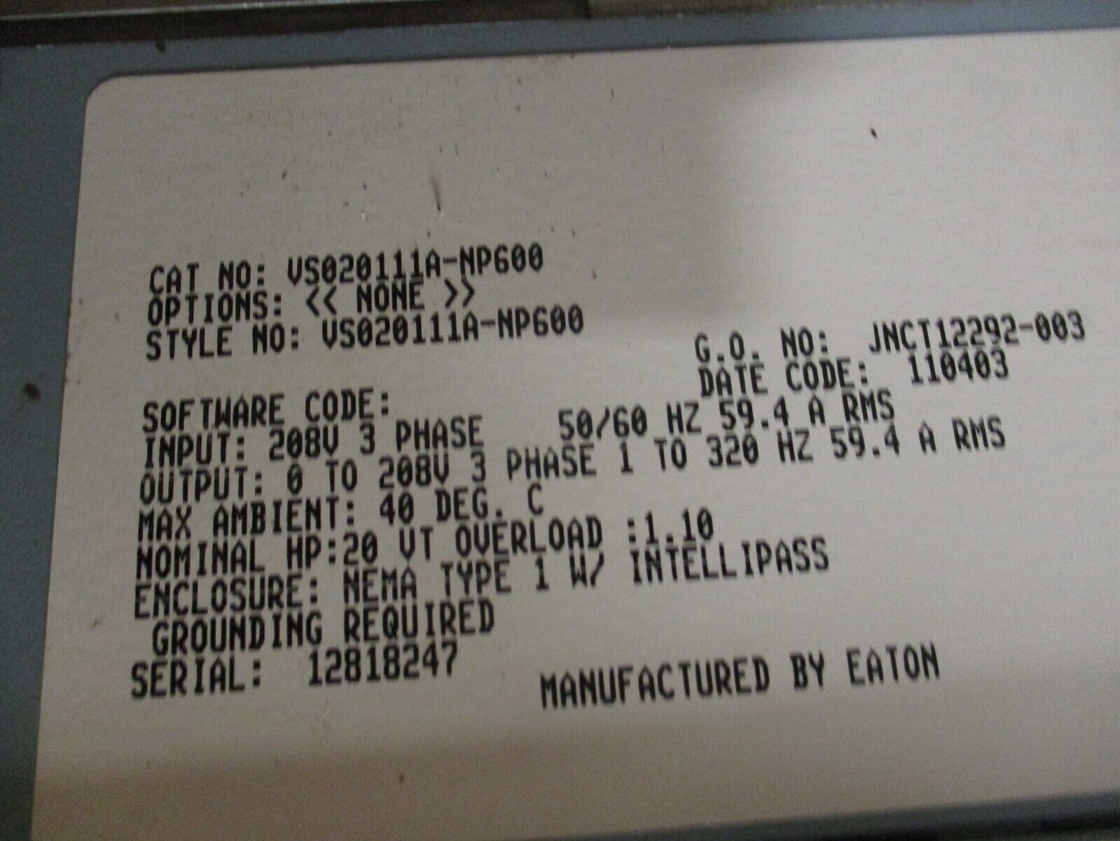 Johnson Controls VS Series AC Drive w/ Bypass VS020111A-NP600 20HP 3Ph w/ Keypad