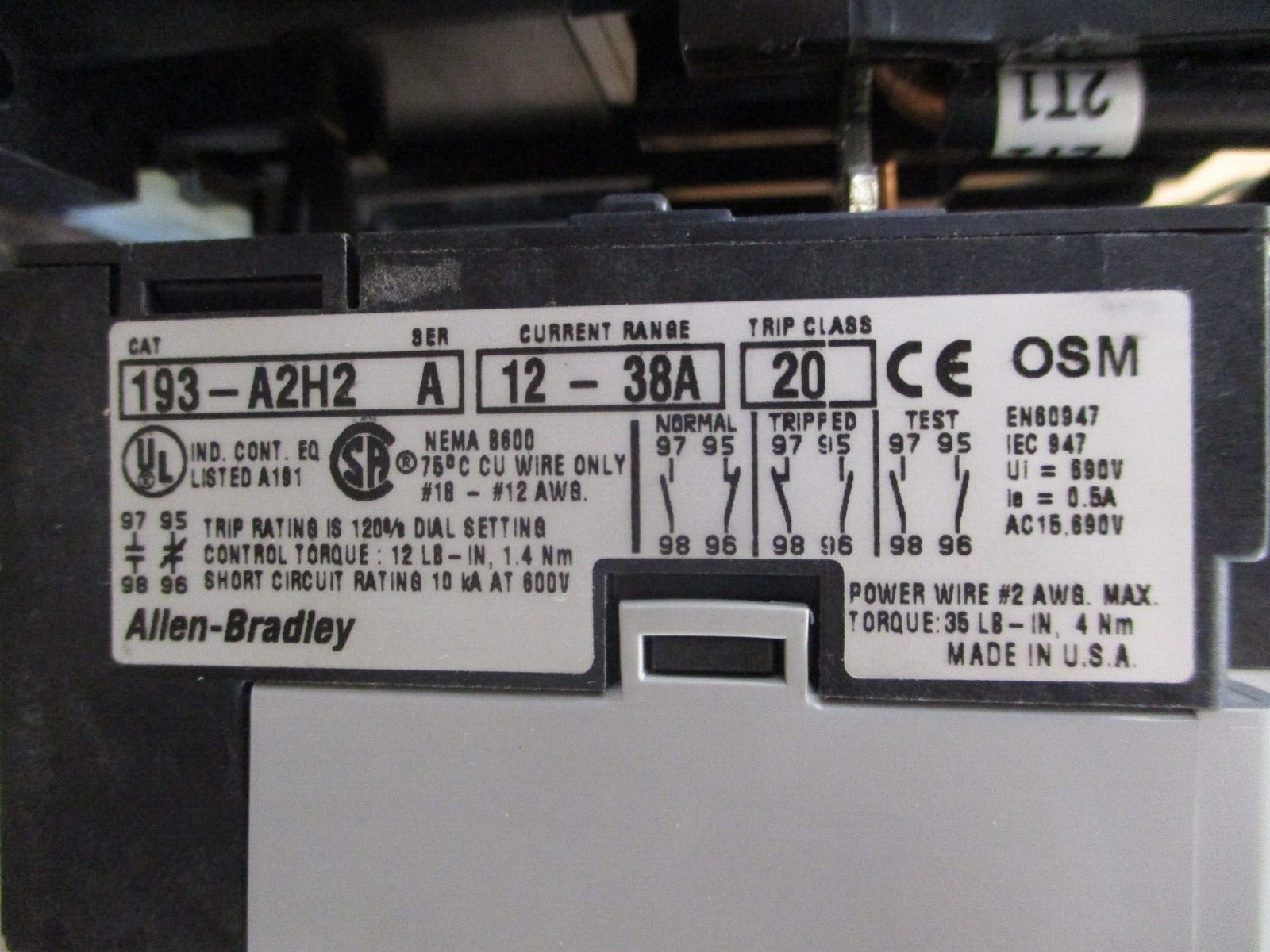 Allen-Bradley Reversing Starter 100-A38N*3 / 193-A2H2 120V Coil Trip: 12-38A
